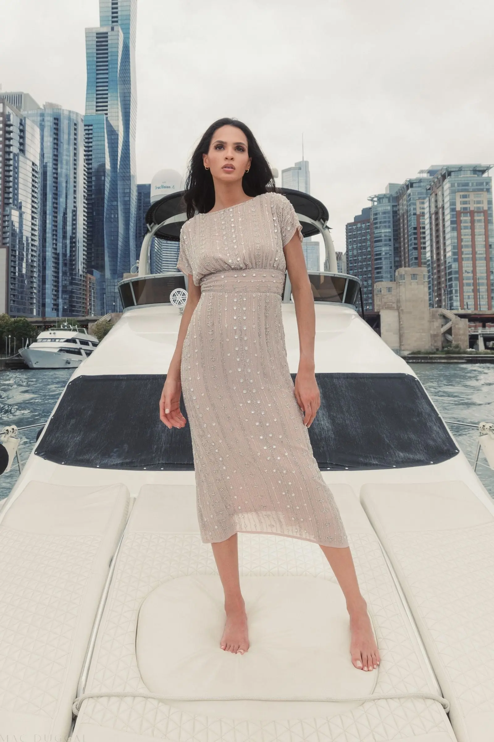 Beige Beaded Cap Sleeve Empire Waist Sheath Midi Dress - Image 4
