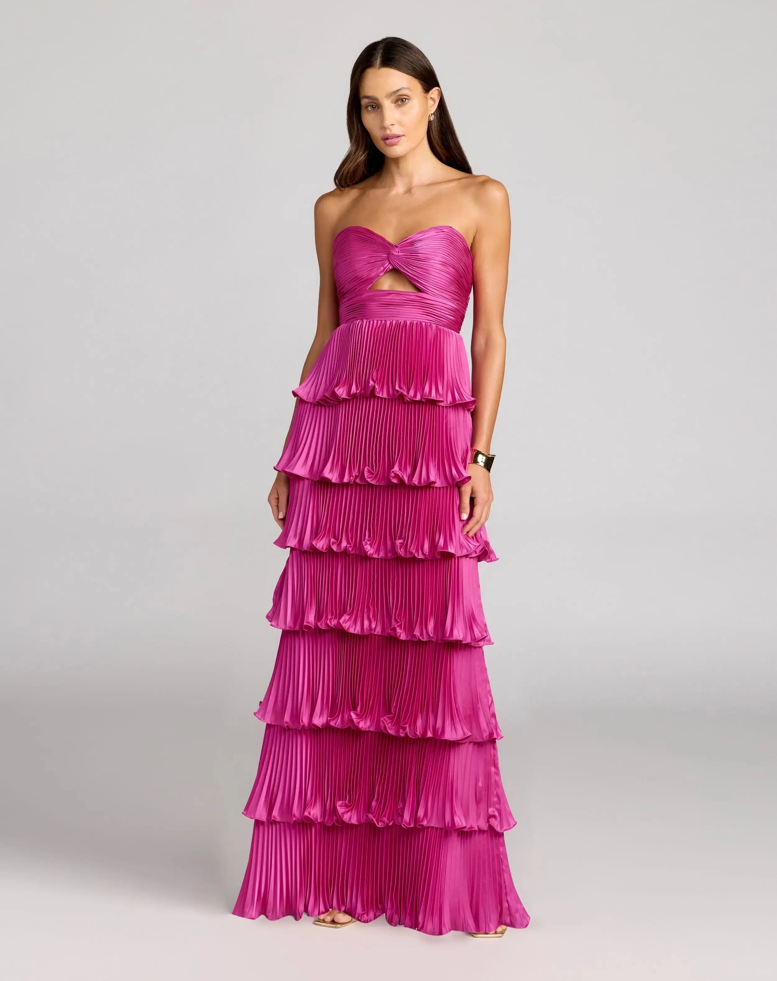 Pleated Charmeuse Strapless Tiered Ruffle Gown