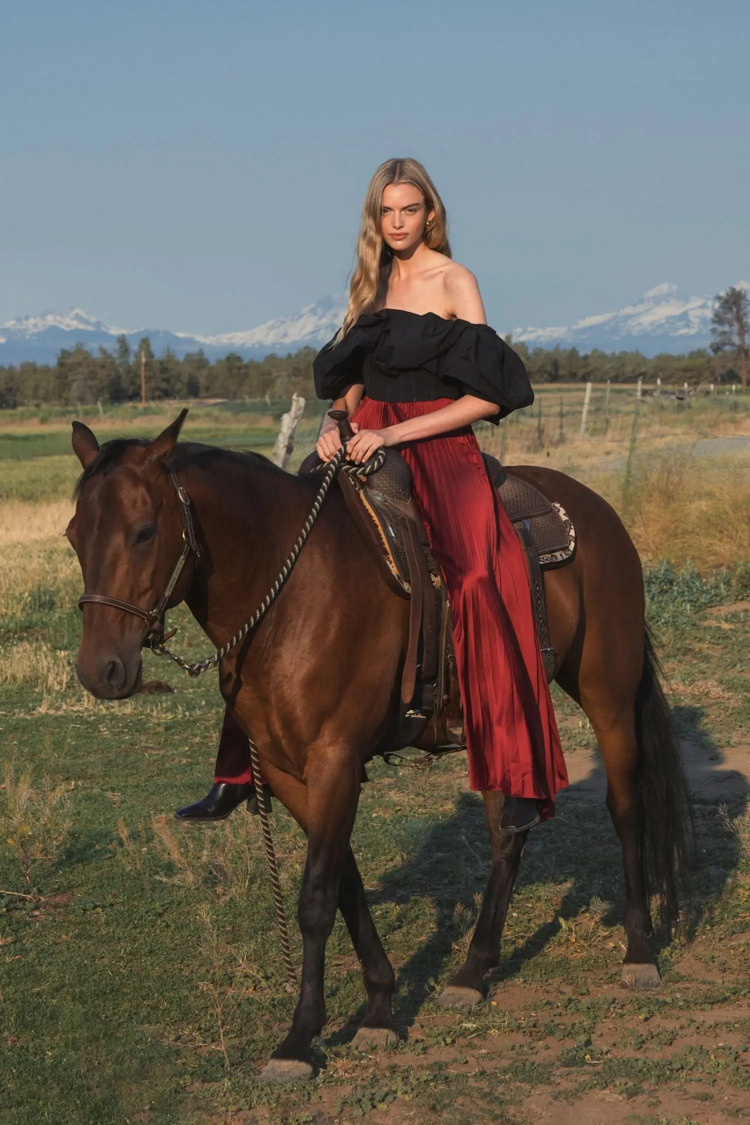 Red Pleated Charmeuse Wide Leg Pants - Image 5