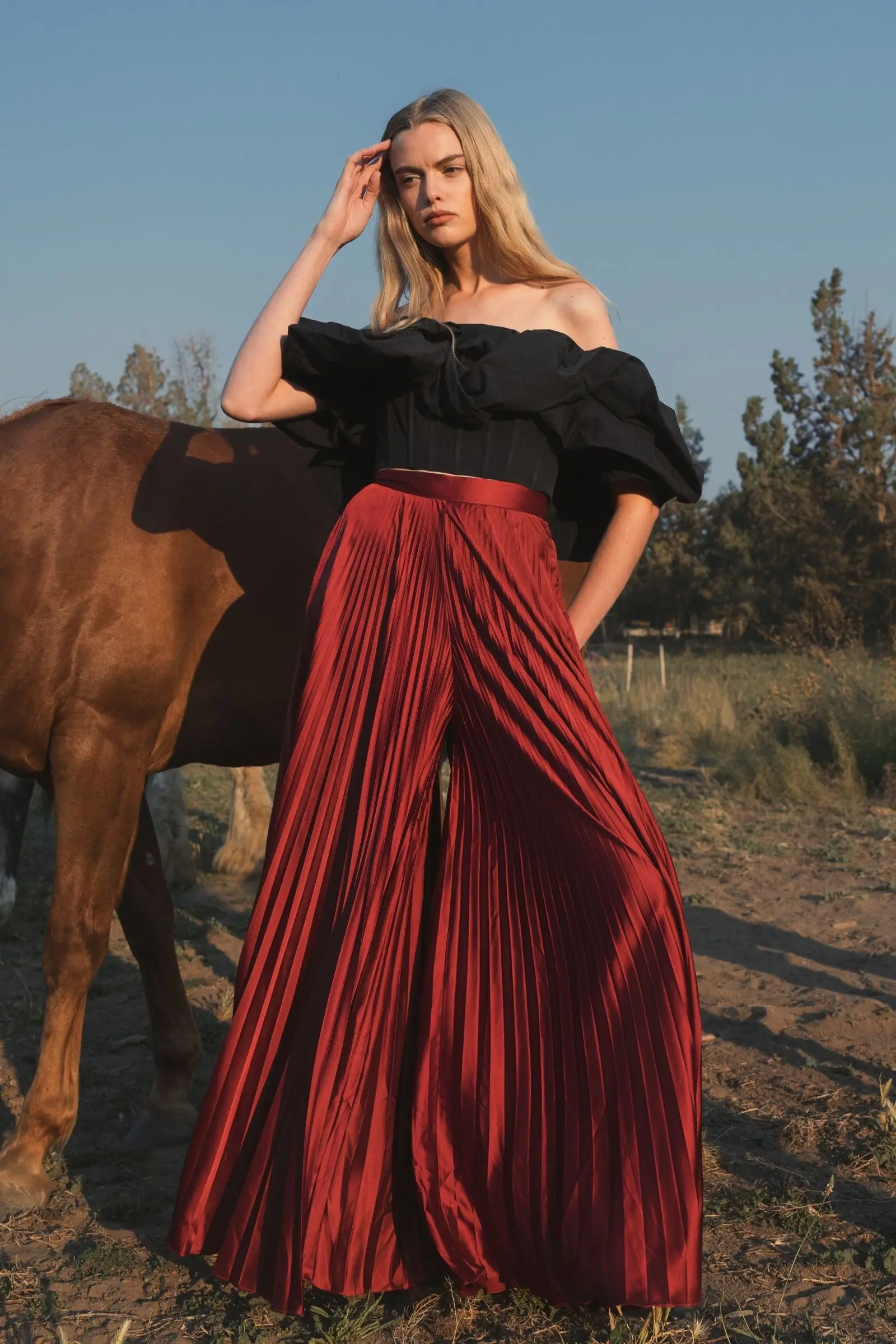 Red Pleated Charmeuse Wide Leg Pants - Image 6