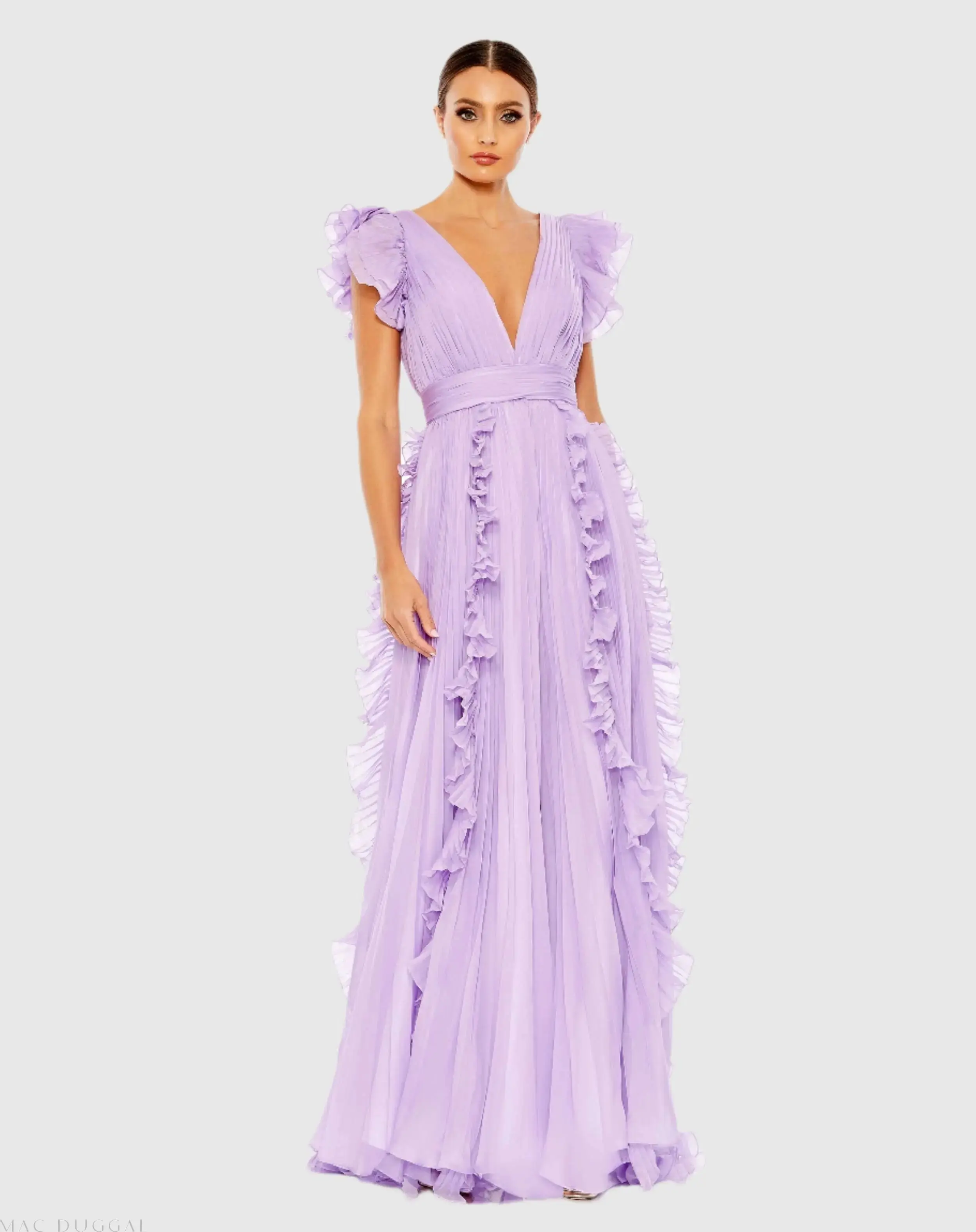 Pleated Ruffle Cap Sleeve Flowy A Line Gown - Image 2