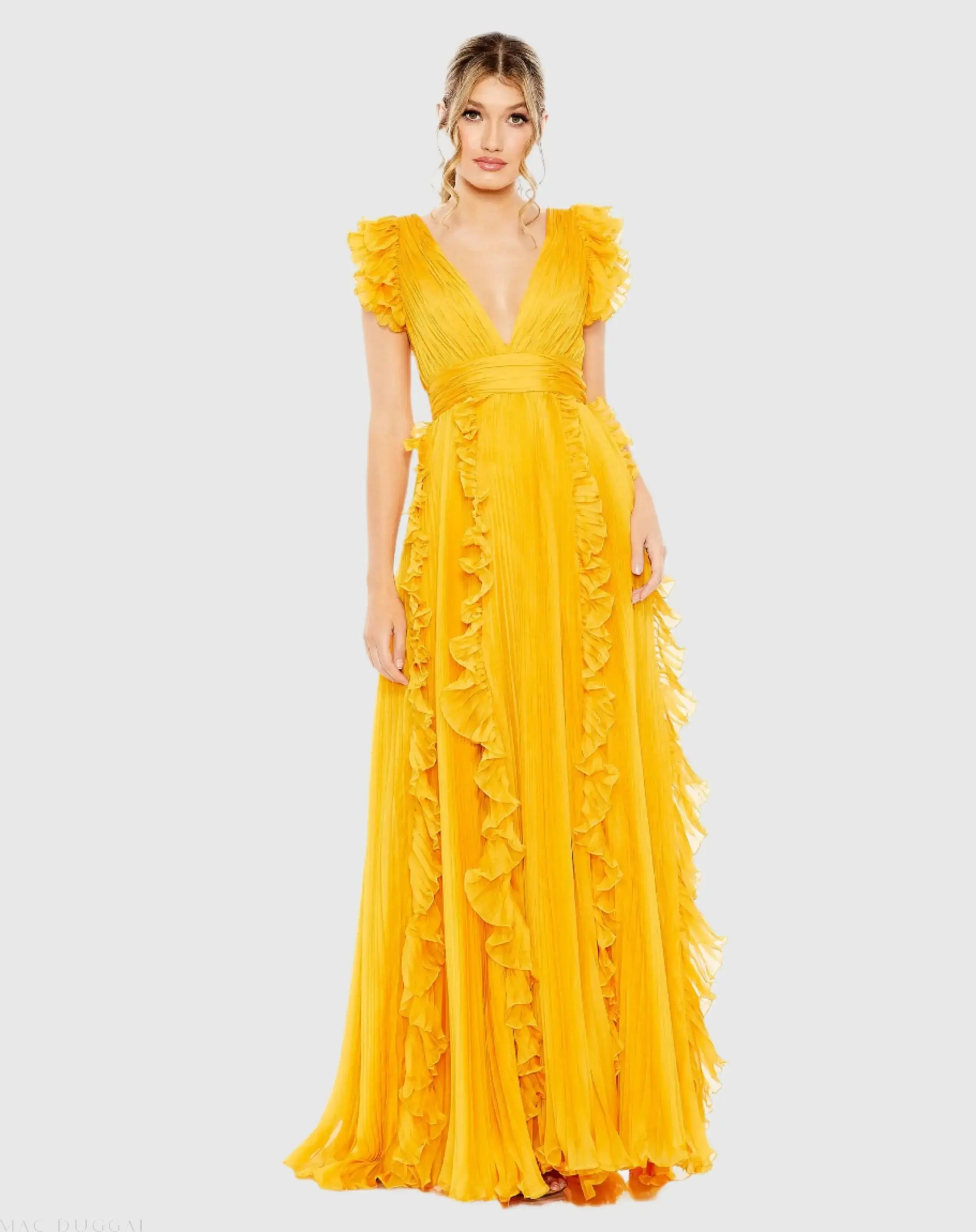 Pleated Ruffle Cap Sleeve Flowy A Line Gown - Image 3