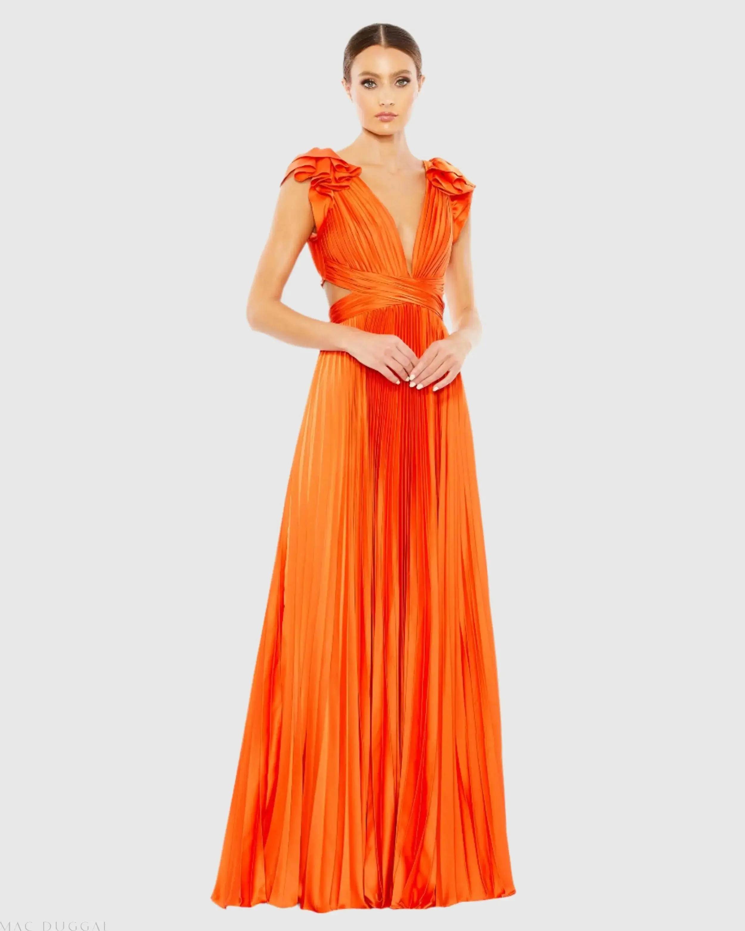 Pleated Ruffled Cap Sleeve Cut Out Lace Up Gown - Image 2