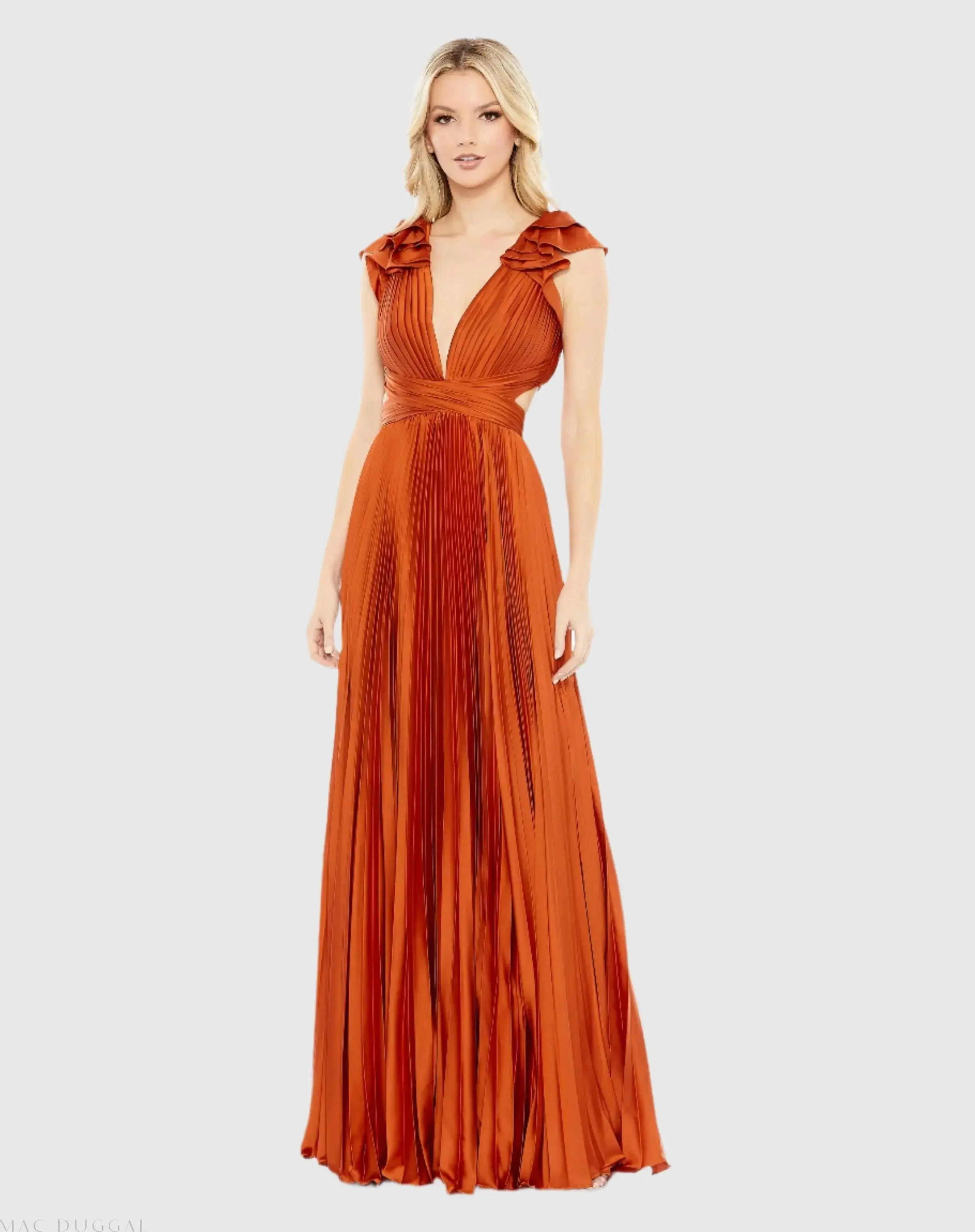 Pleated Ruffled Cap Sleeve Cut Out Lace Up Gown - Image 3