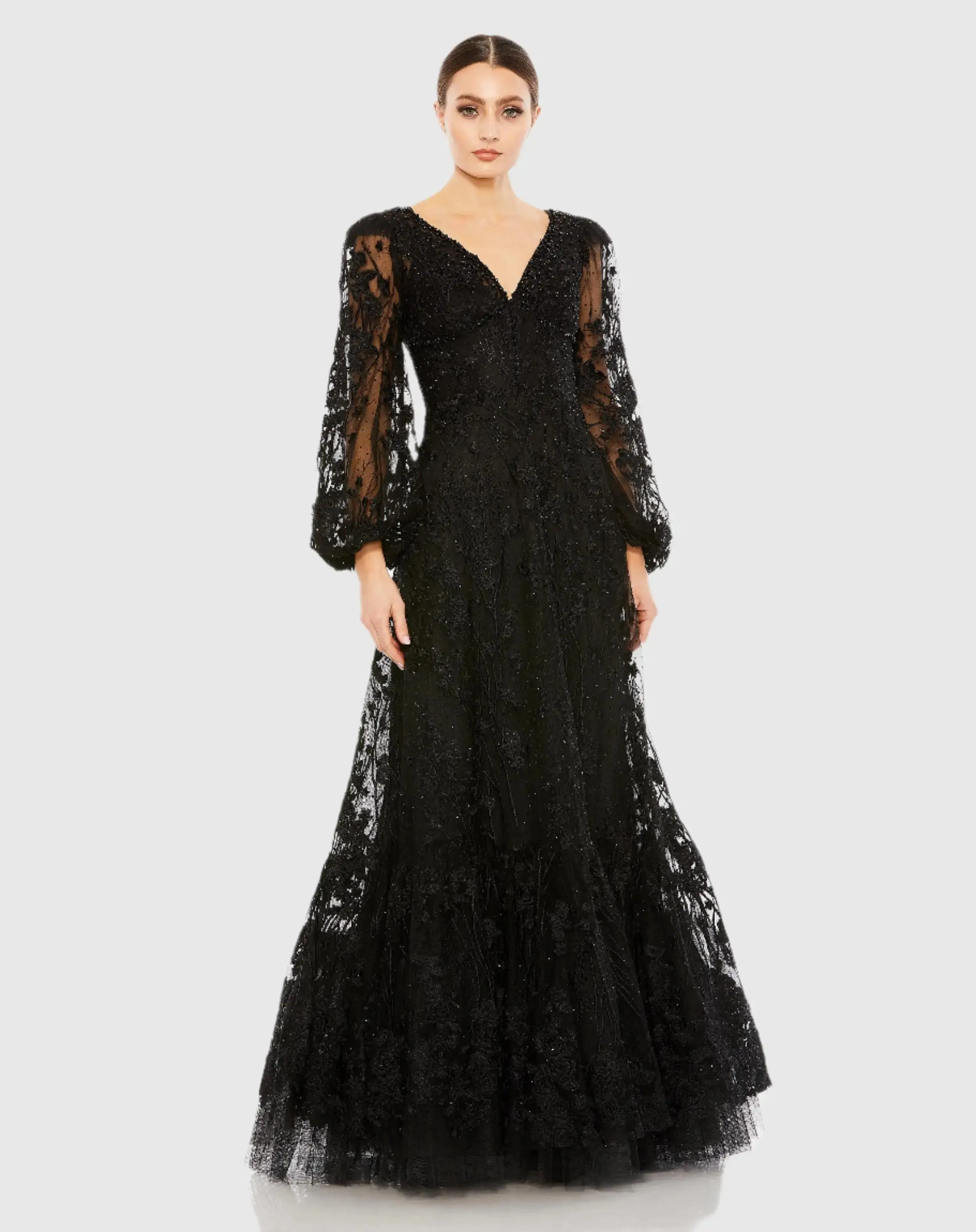 Puff Sleeve A-Line Embroidered Gown - Image 3