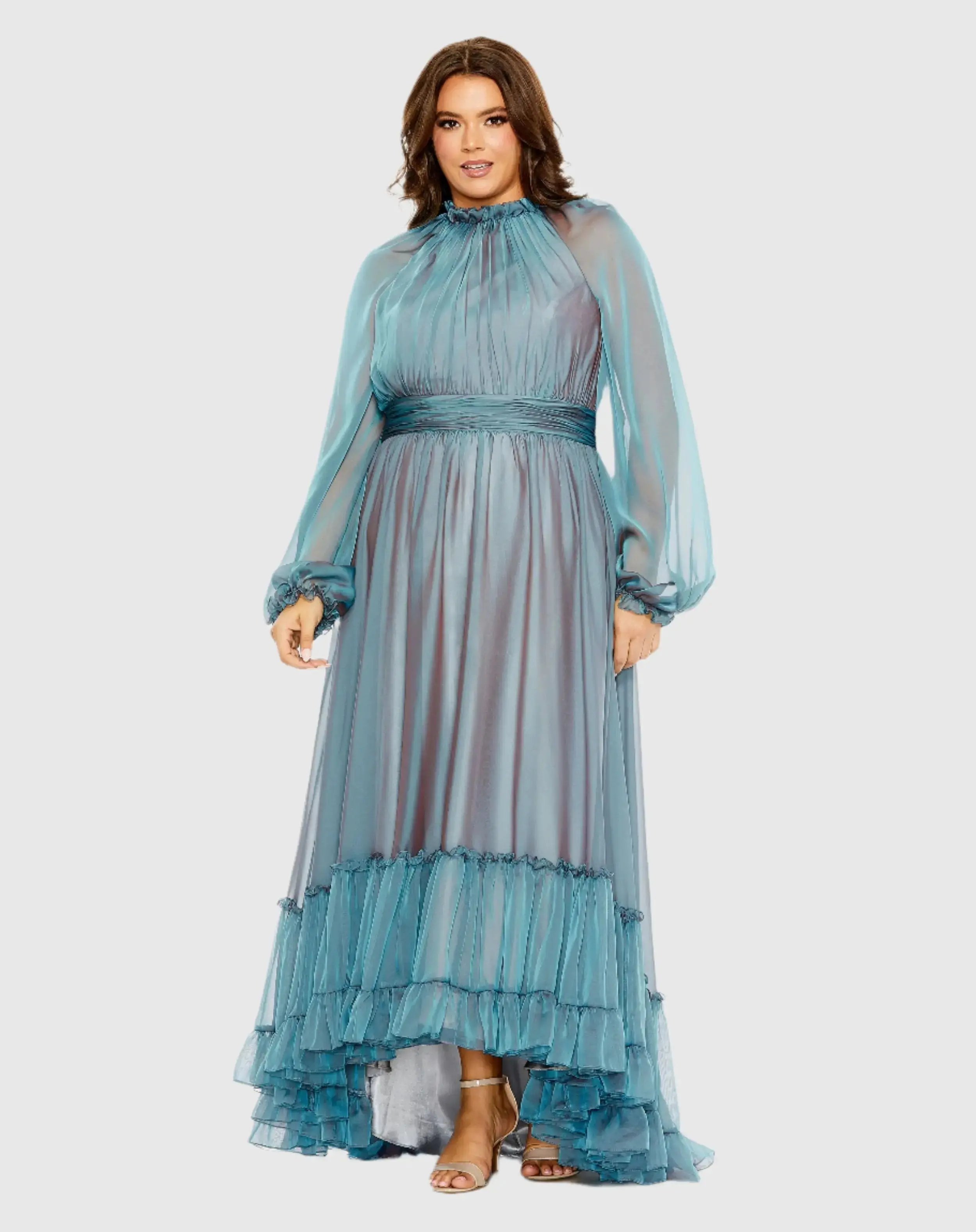 Puff Sleeve w/ Embellished Cuff Mock Neck A Line Gown - Image 2