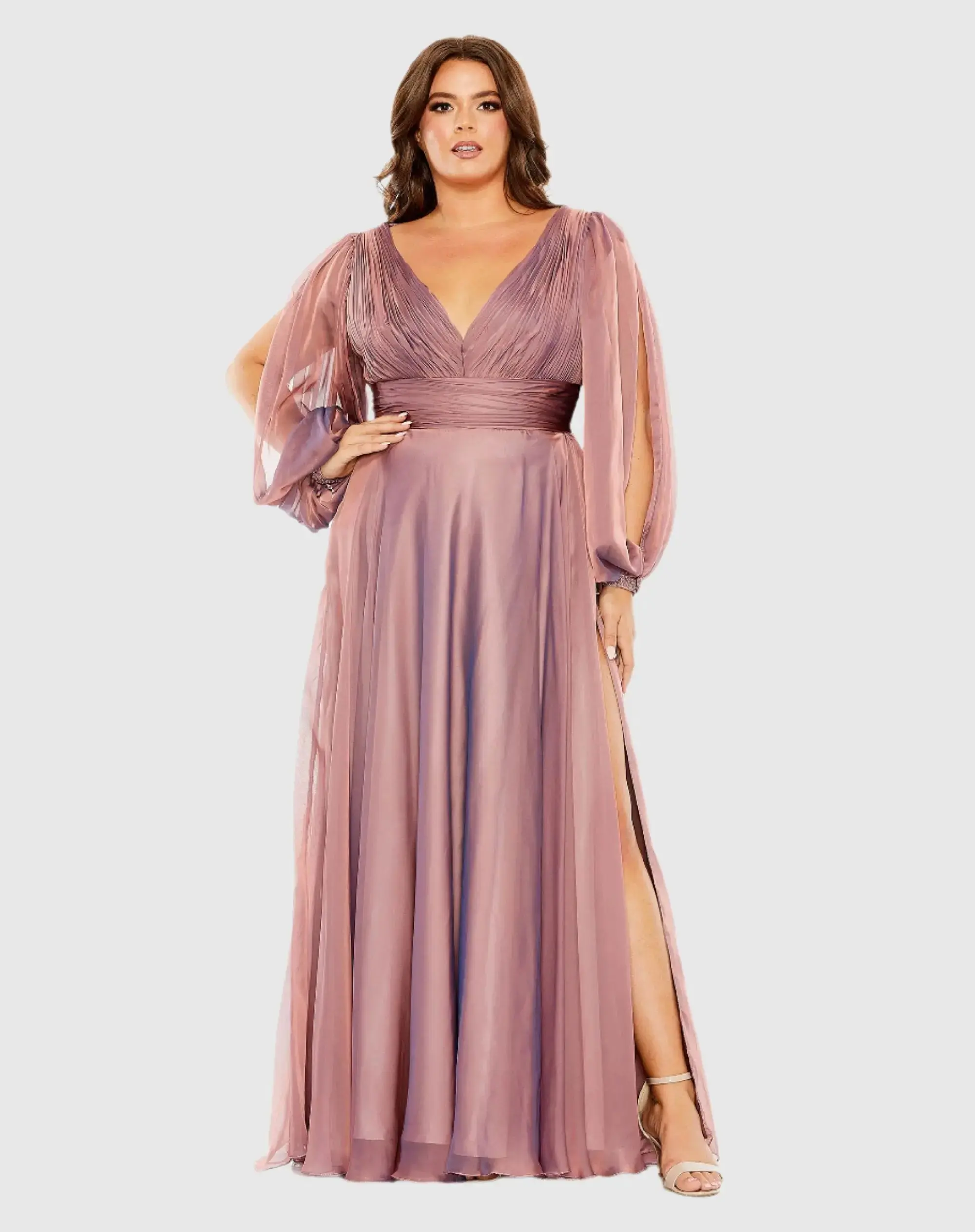 Puff Sleeve w/ Embellished Cuff V Neck A Line Gown - Image 2