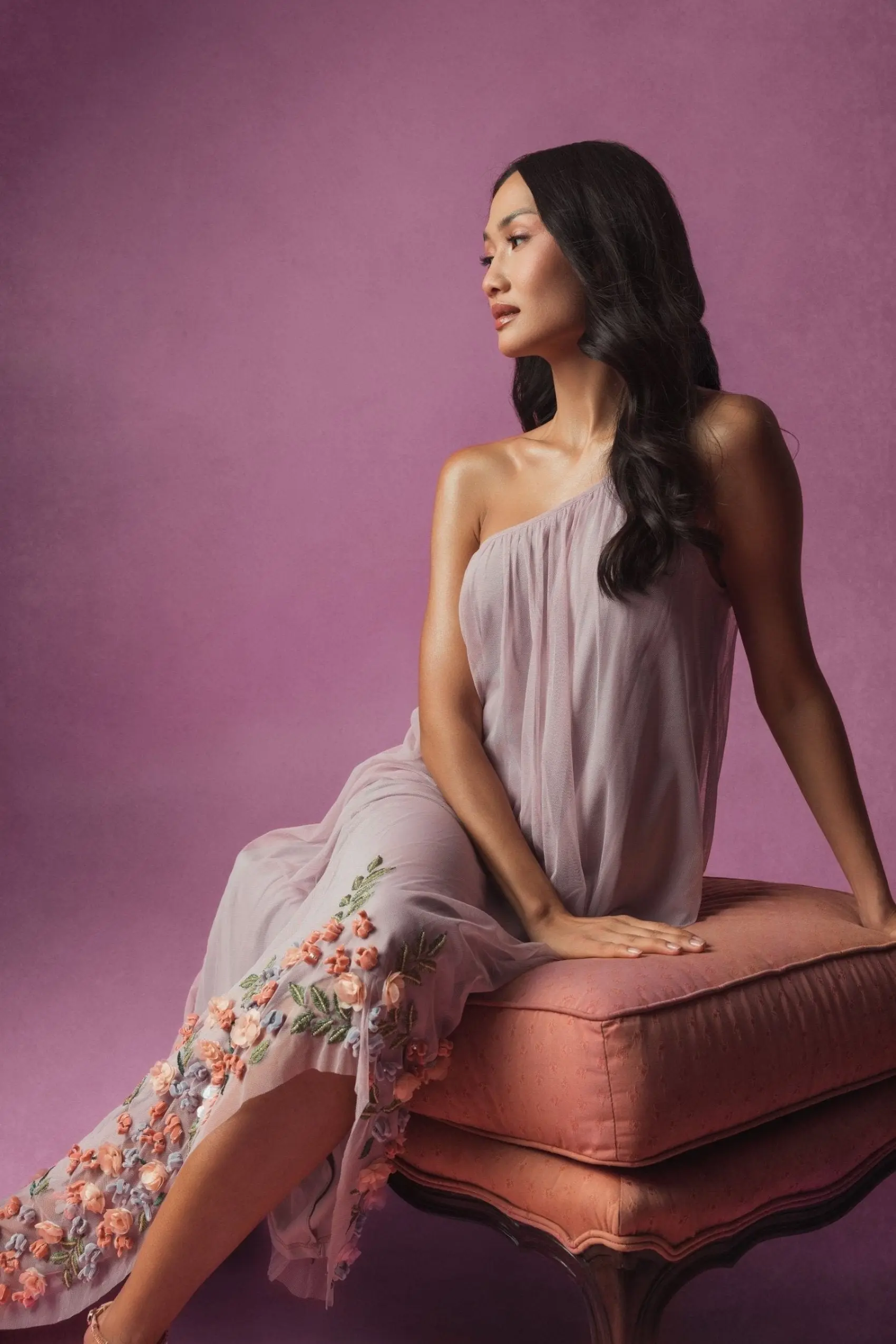 Purple One Shoulder Embellished Trapeze Gown - Image 6