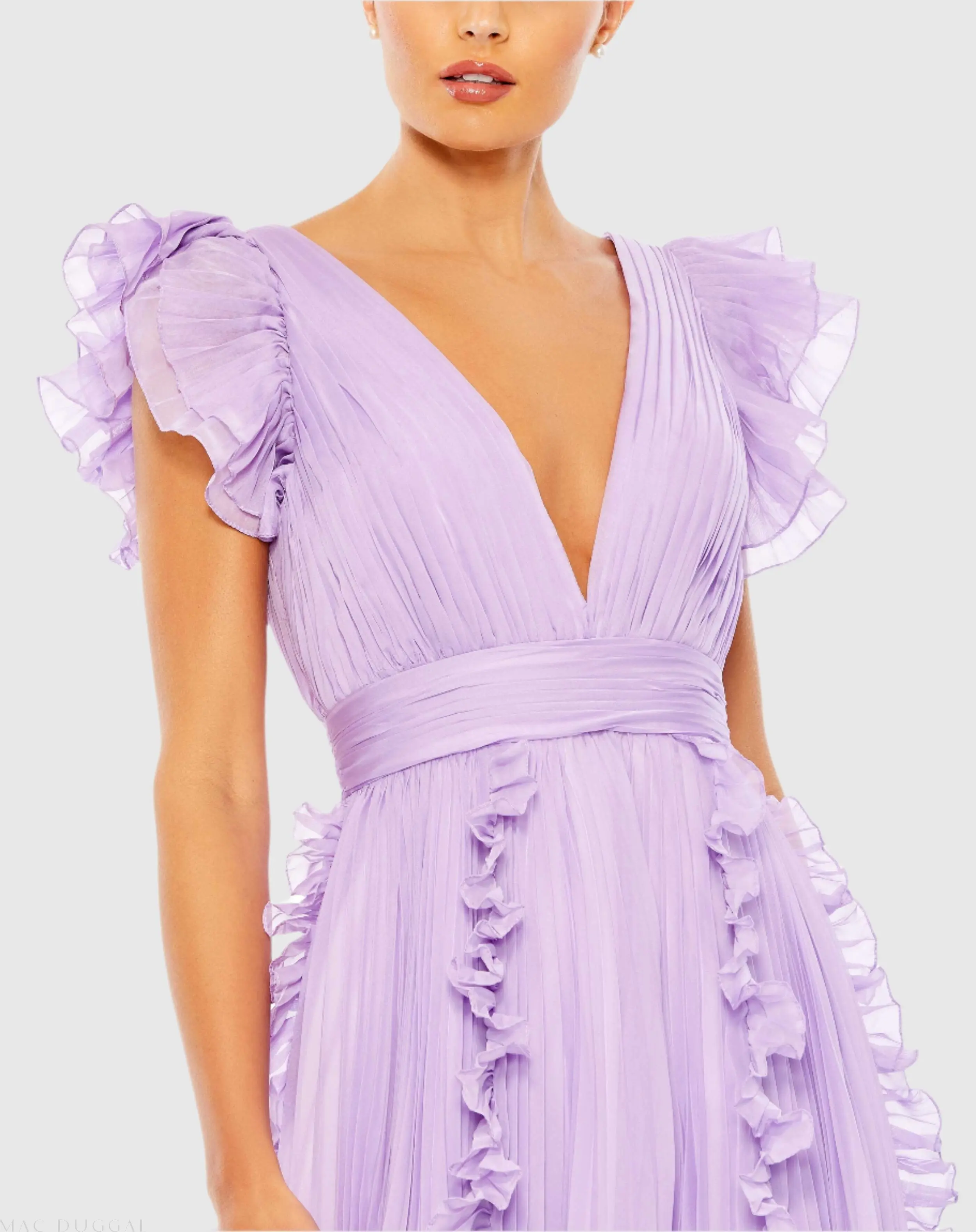 Purple Pleated Ruffle Cap Sleeve Flowy A Line Gown - Image 2