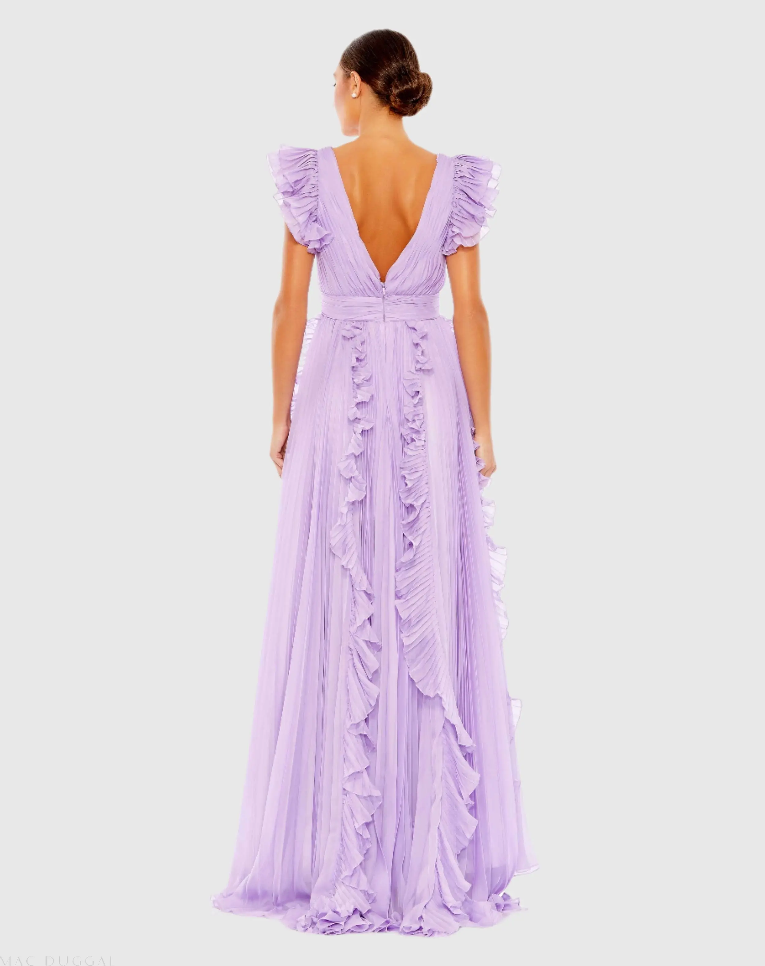 Purple Pleated Ruffle Cap Sleeve Flowy A Line Gown - Image 3