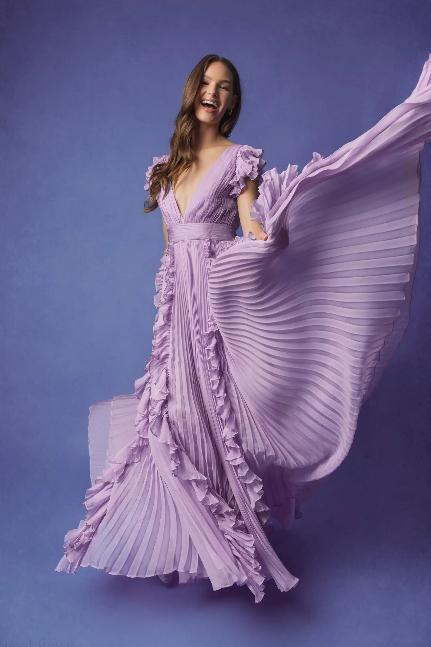 Purple Pleated Ruffle Cap Sleeve Flowy A Line Gown - Image 4