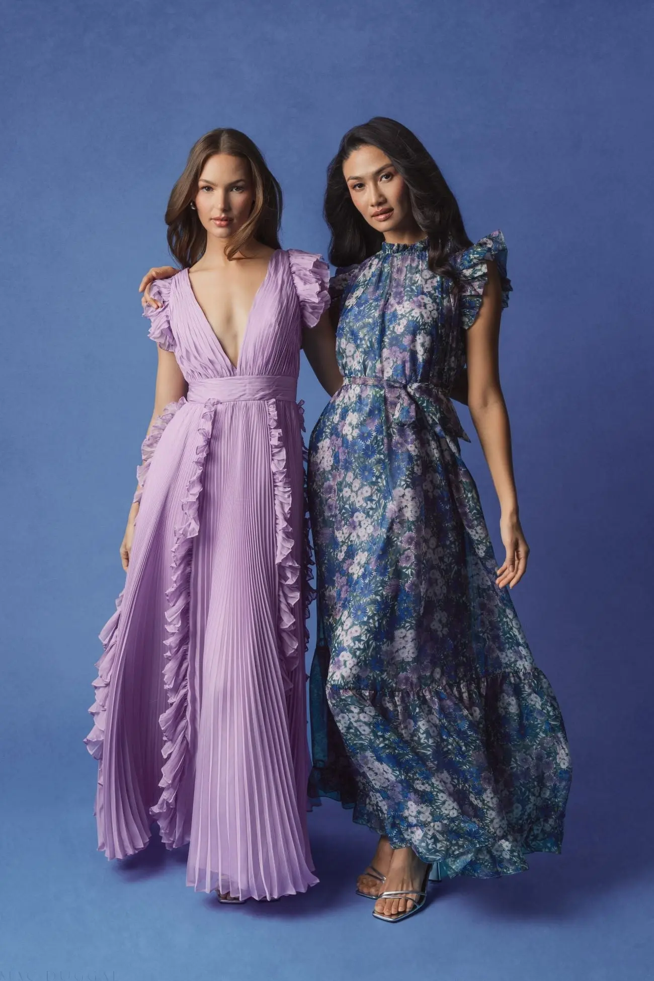 Purple Pleated Ruffle Cap Sleeve Flowy A Line Gown - Image 5