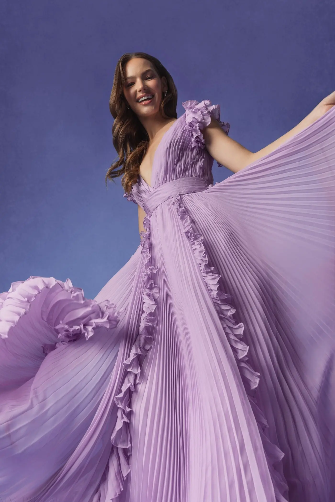 Purple Pleated Ruffle Cap Sleeve Flowy A Line Gown - Image 6