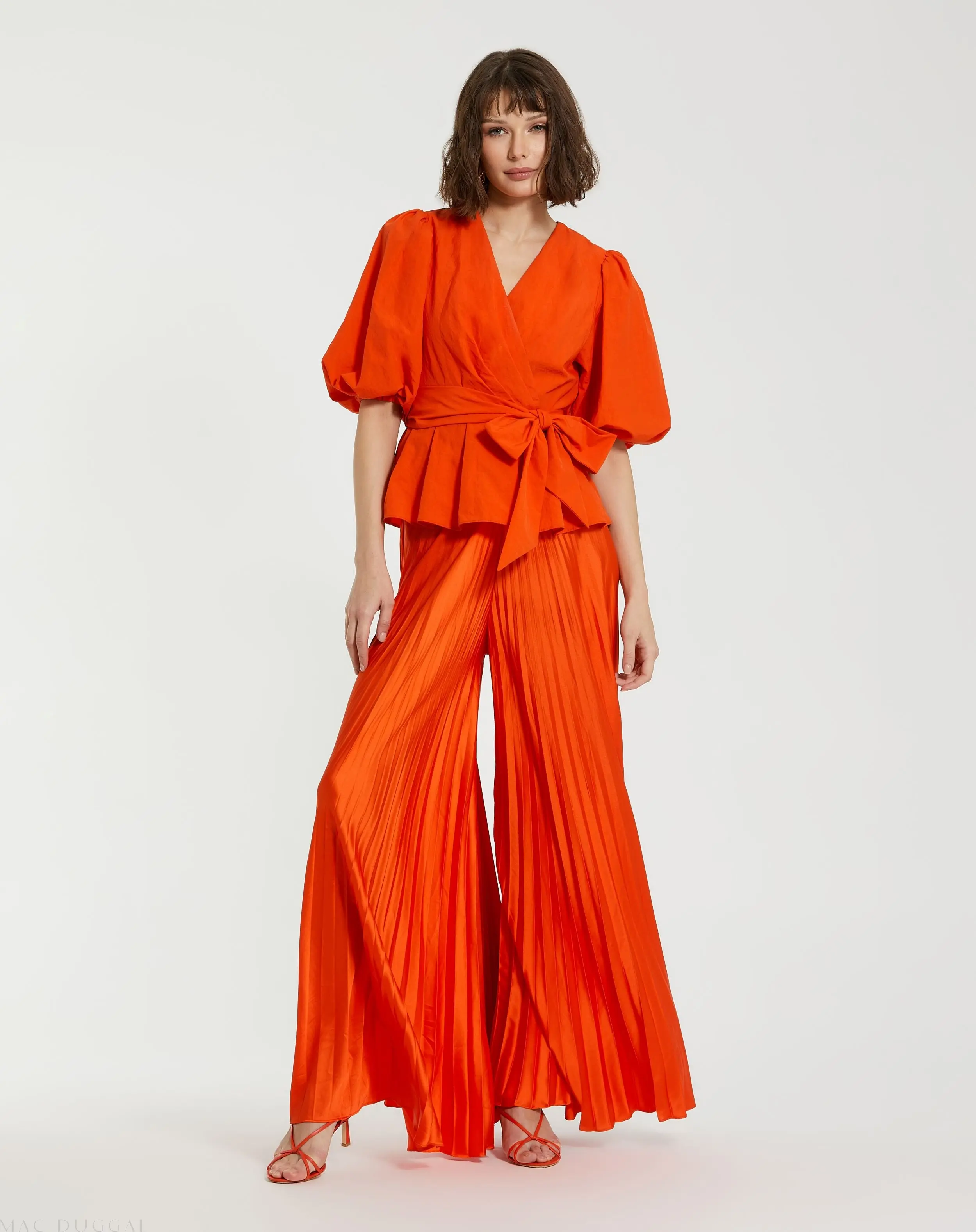 Orange Pleated Charmeuse Wide Leg Pants - Image 3
