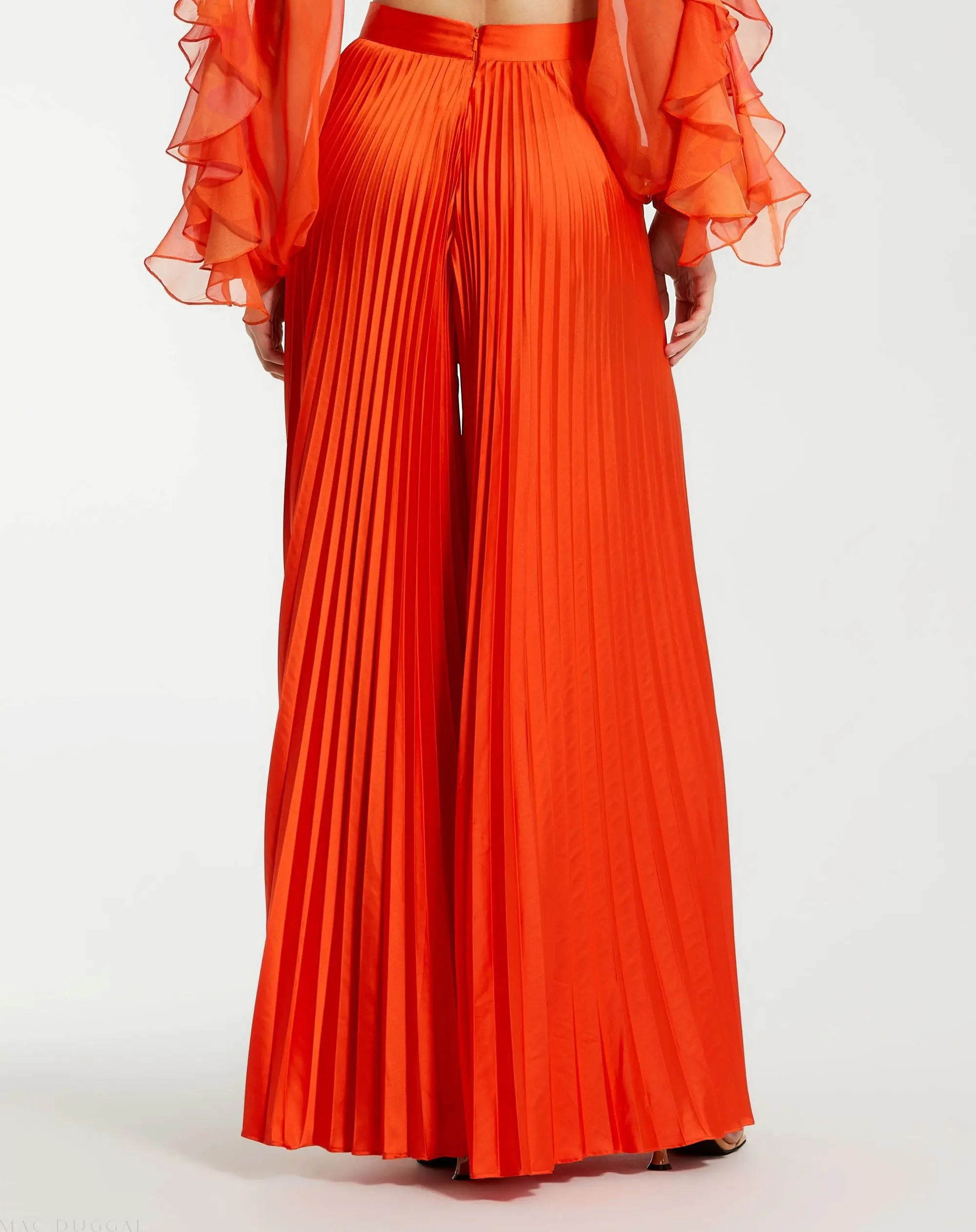 Orange Pleated Charmeuse Wide Leg Pants - Image 4