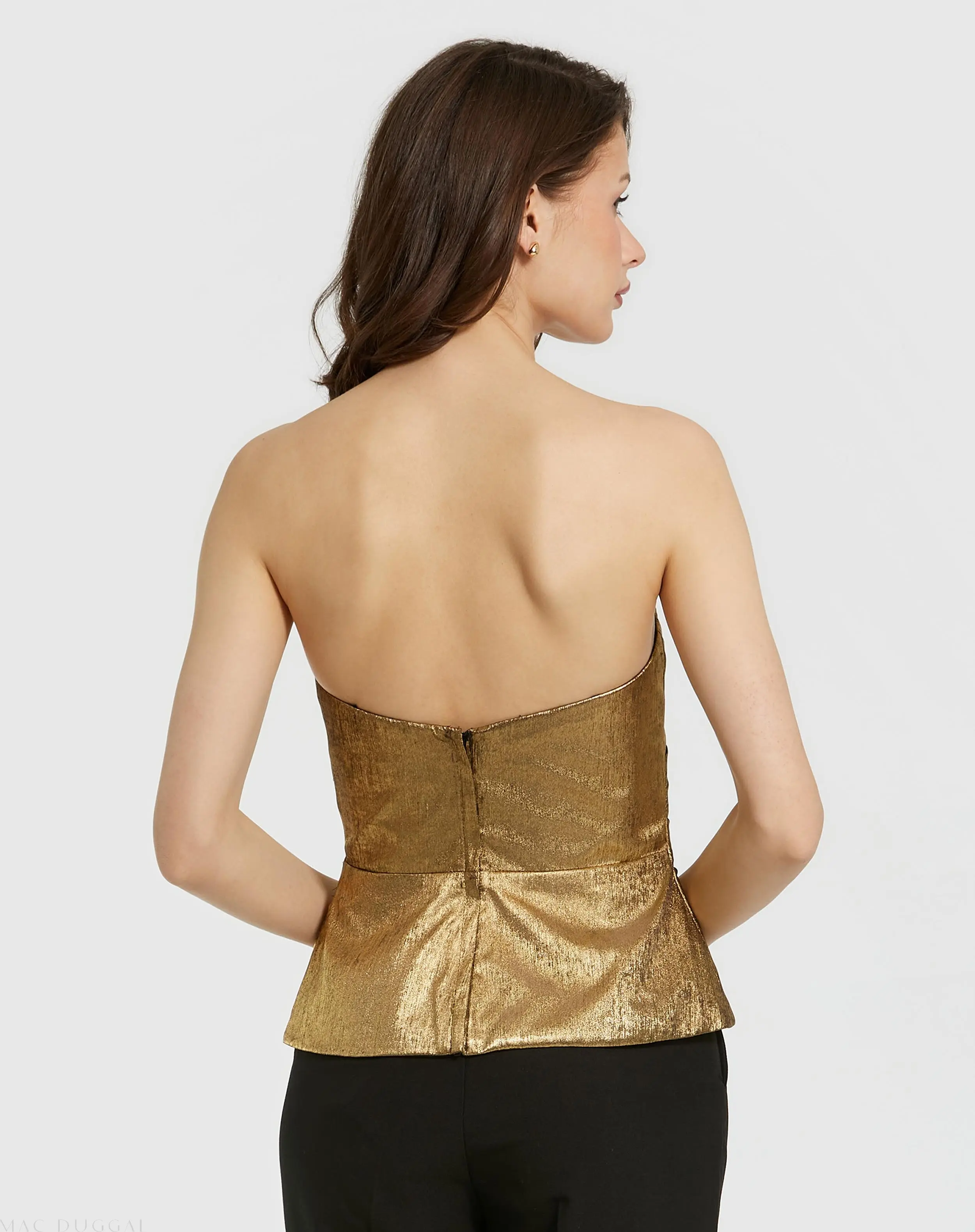 Gold Metallic Lamé Strapless Wrap Top With Bow Detail - Image 3