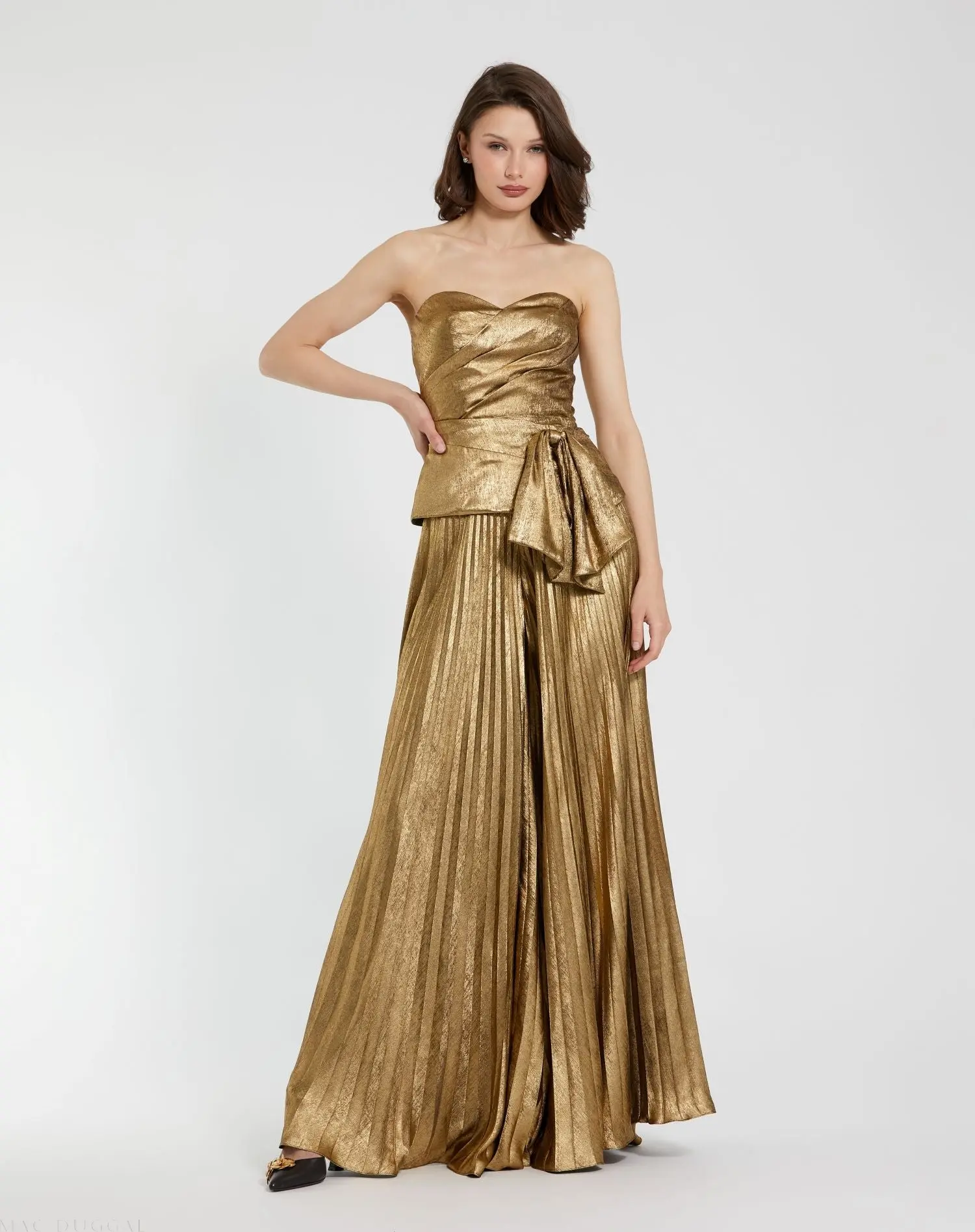 Gold Metallic Lamé Strapless Wrap Top With Bow Detail - Image 4