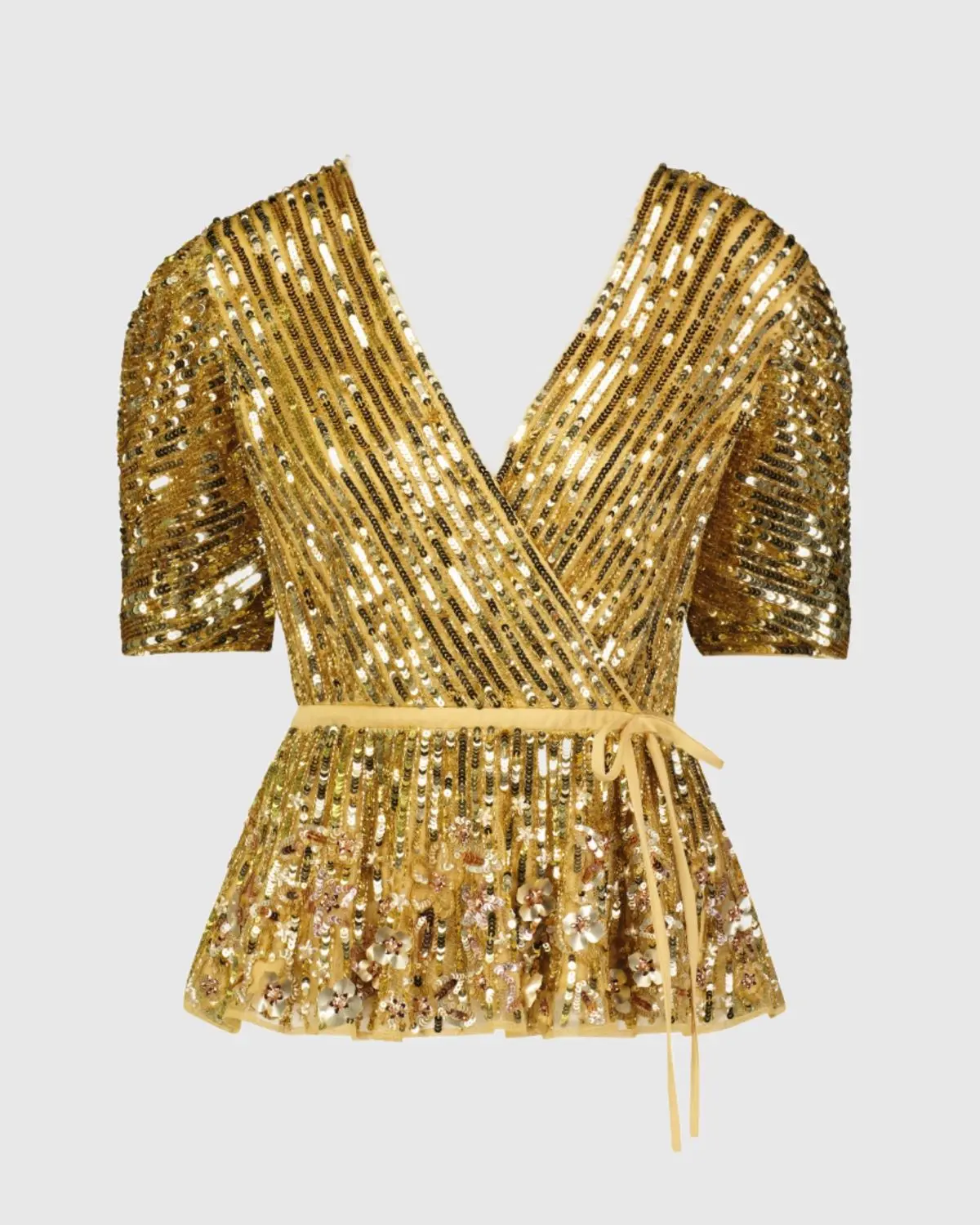 Gold Sequined Puff Sleeve Faux Wrap Top - FINAL SALE - Image 2