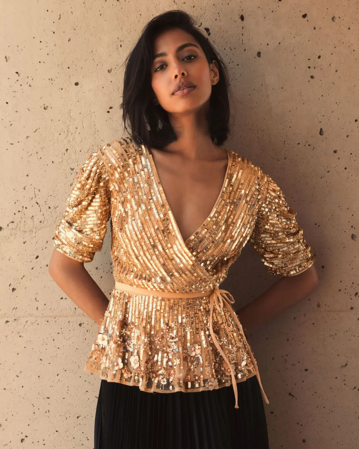 Gold Sequined Puff Sleeve Faux Wrap Top - FINAL SALE - Image 5
