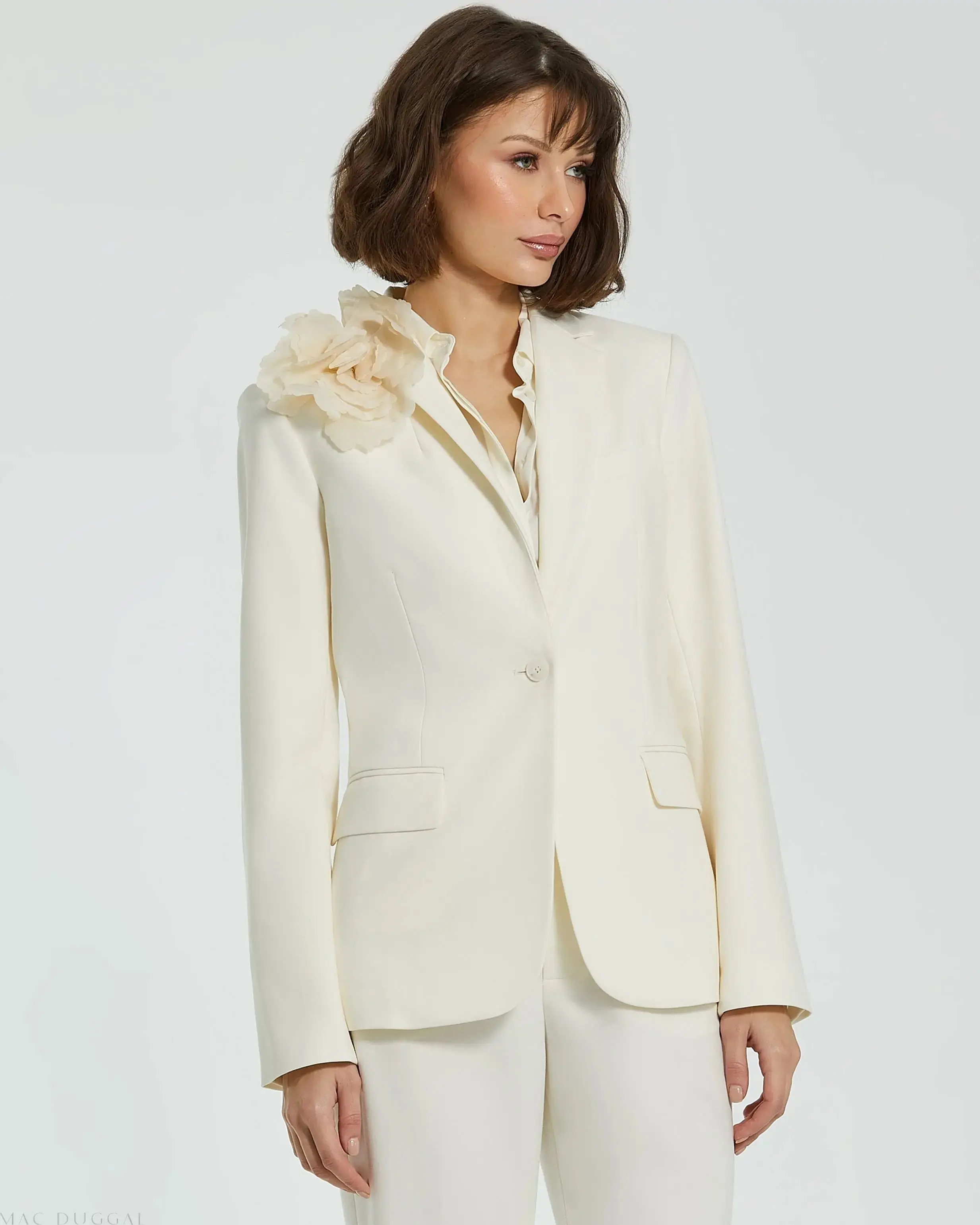 Ivory Classic Crepe Blazer Jacket With Flower