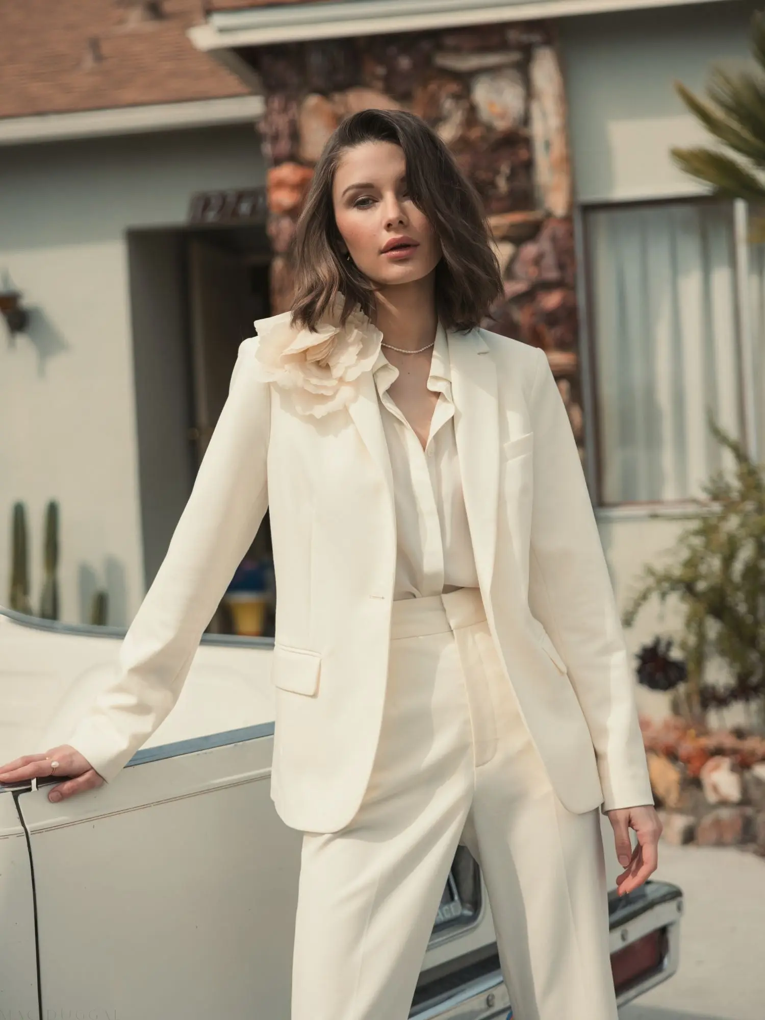 Ivory Classic Crepe Blazer Jacket With Flower - Image 5