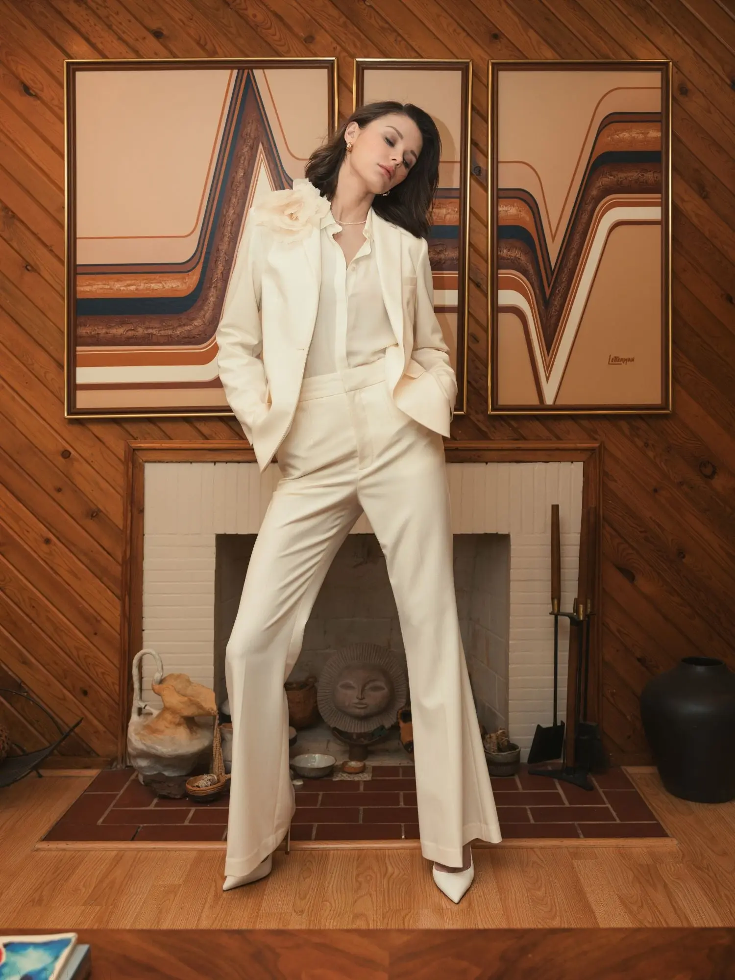 Ivory Classic Crepe Blazer Jacket With Flower - Image 6
