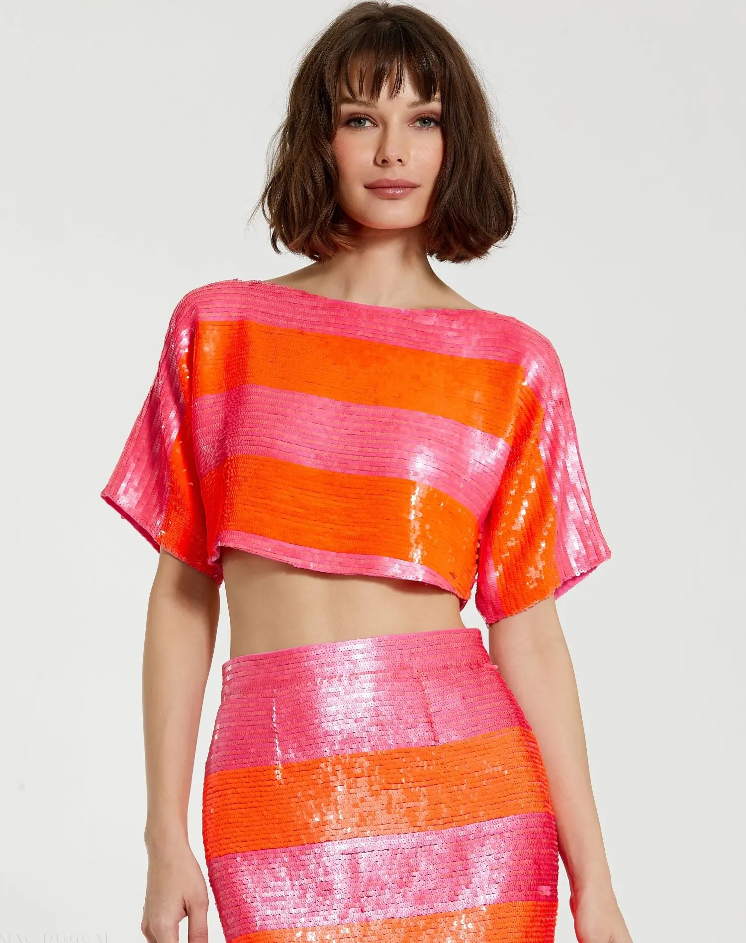 Pink and Orange Sequin Striped Short Sleeve Top - FINAL SALE