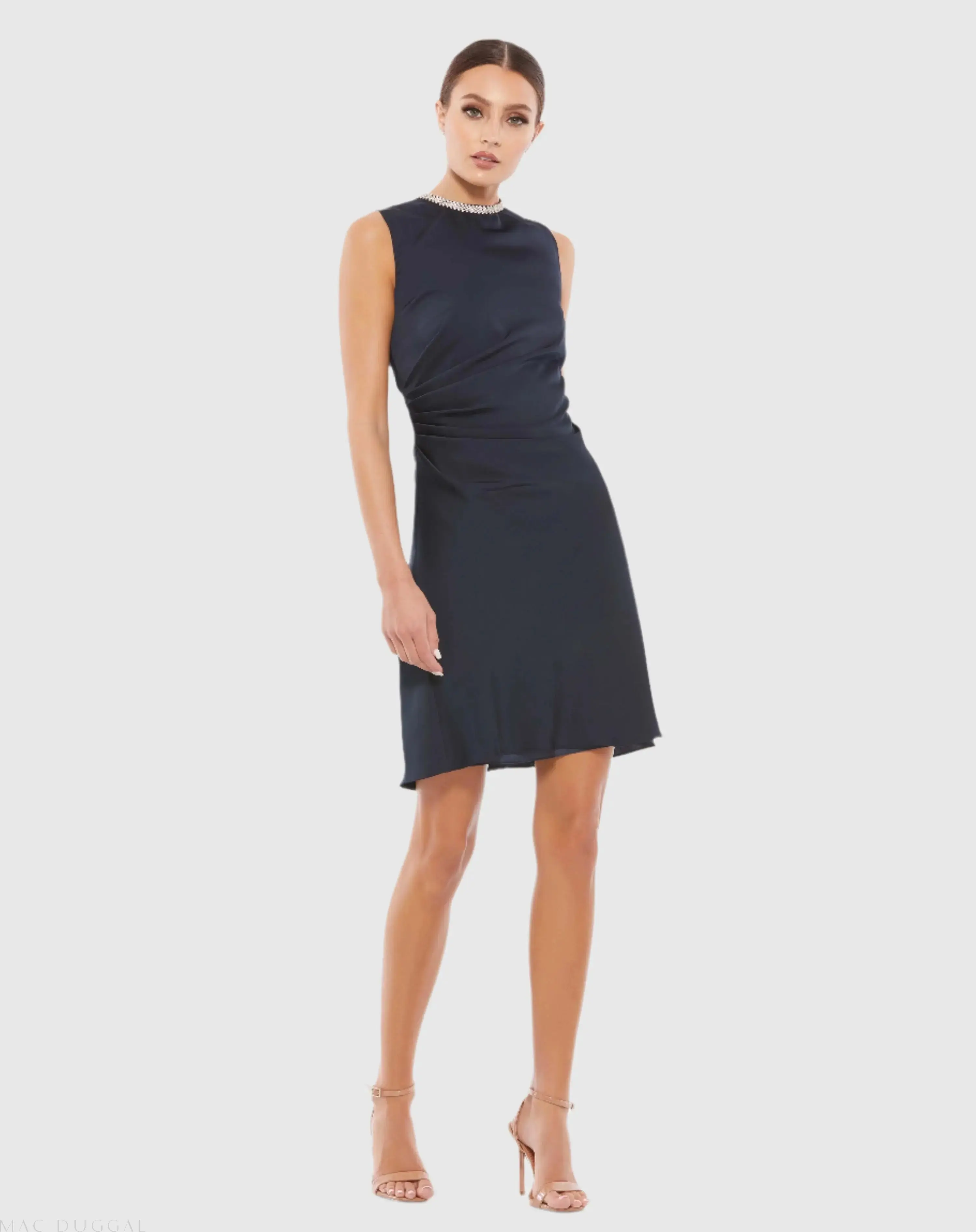 Rhinestone Neckline Draped Mini Dress - Image 3