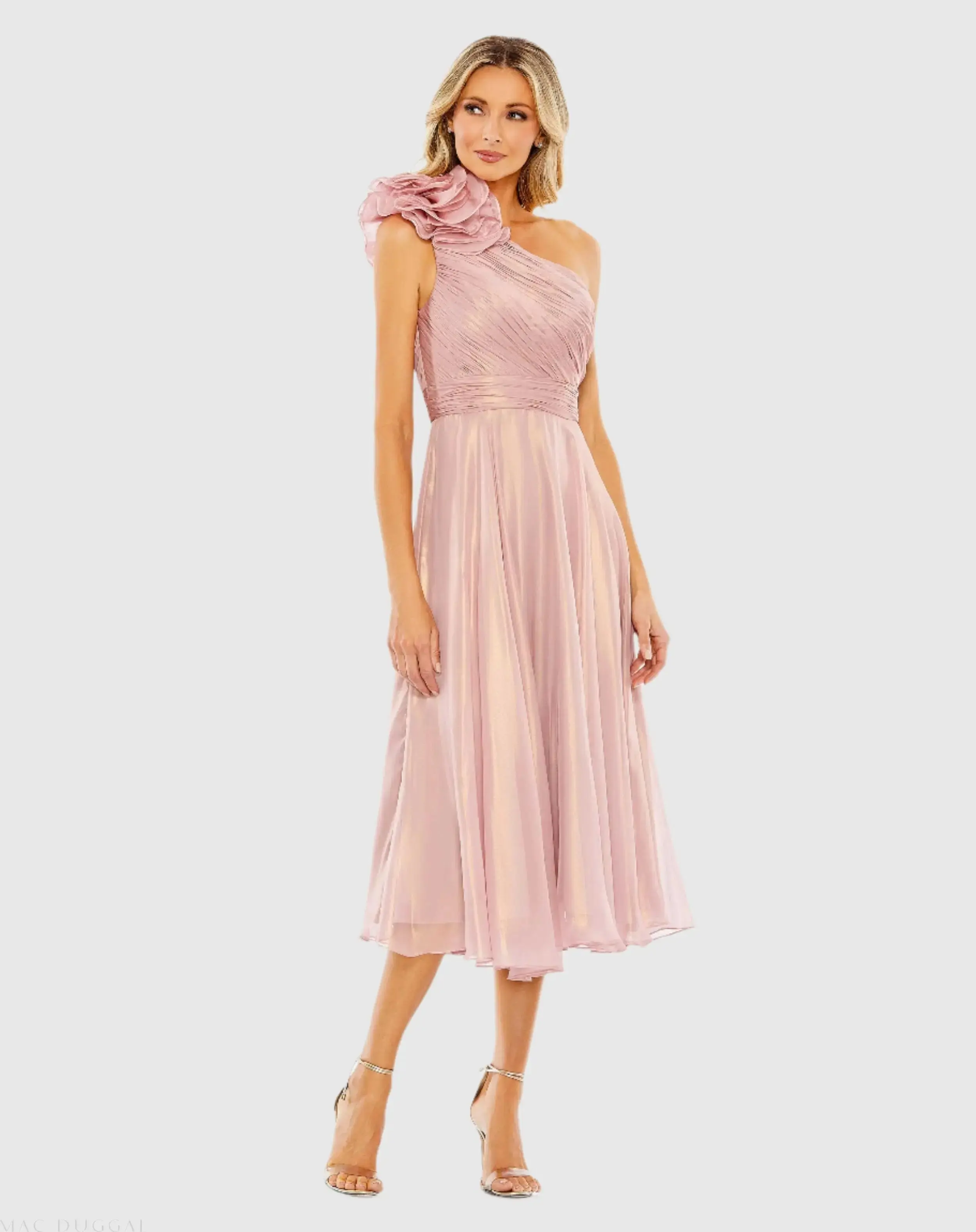 Rosette One Shoulder Tea Length Dress - Image 2
