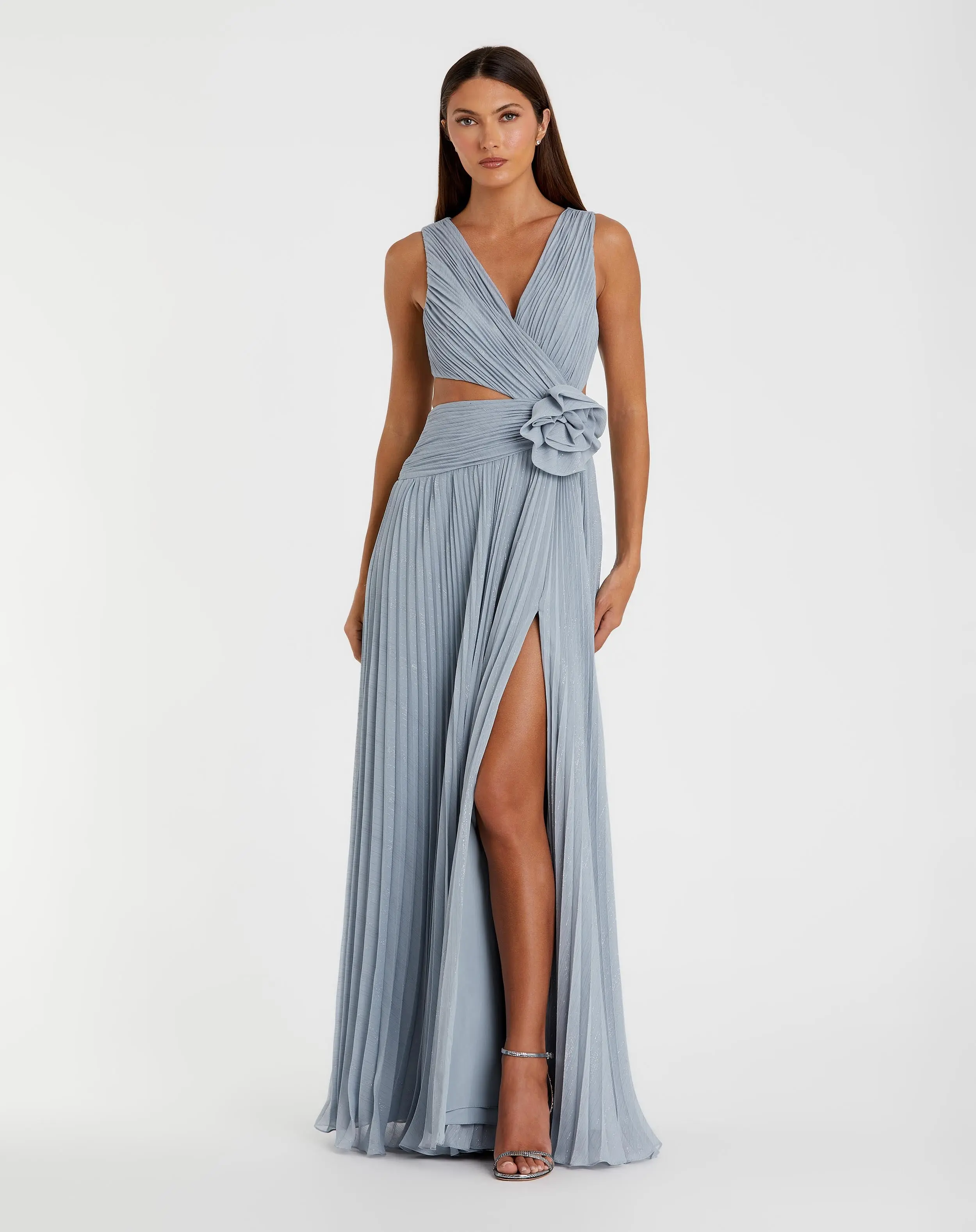 Ruched Chiffon Sleeveless Gown With 3D Flower