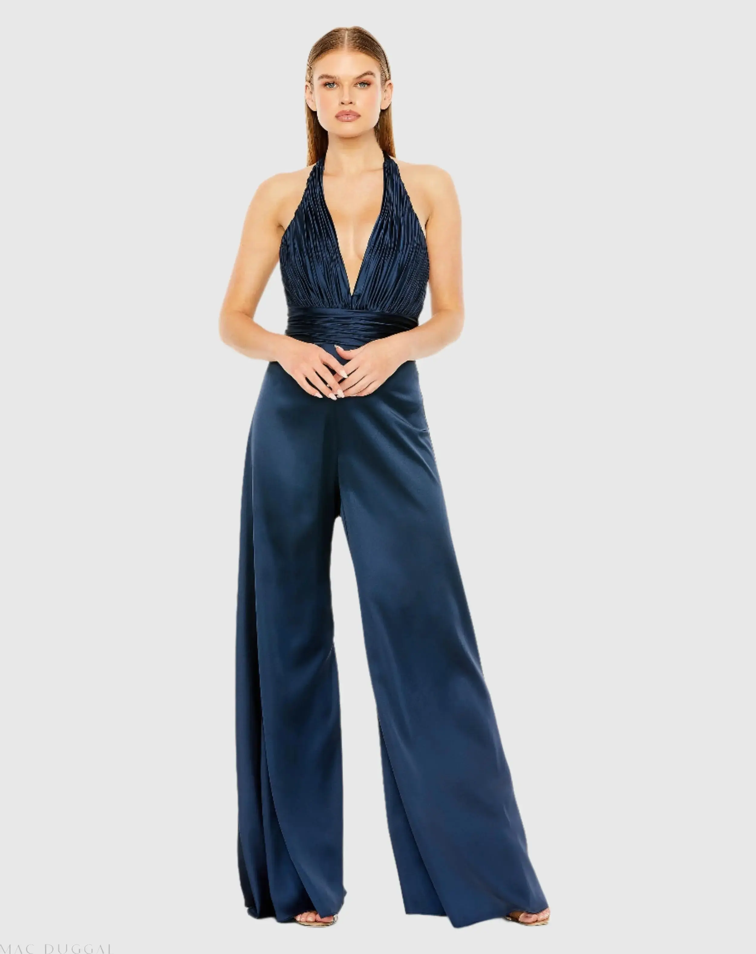 Ruched Halter Top Wide Leg Satin Jumpsuit - Image 2