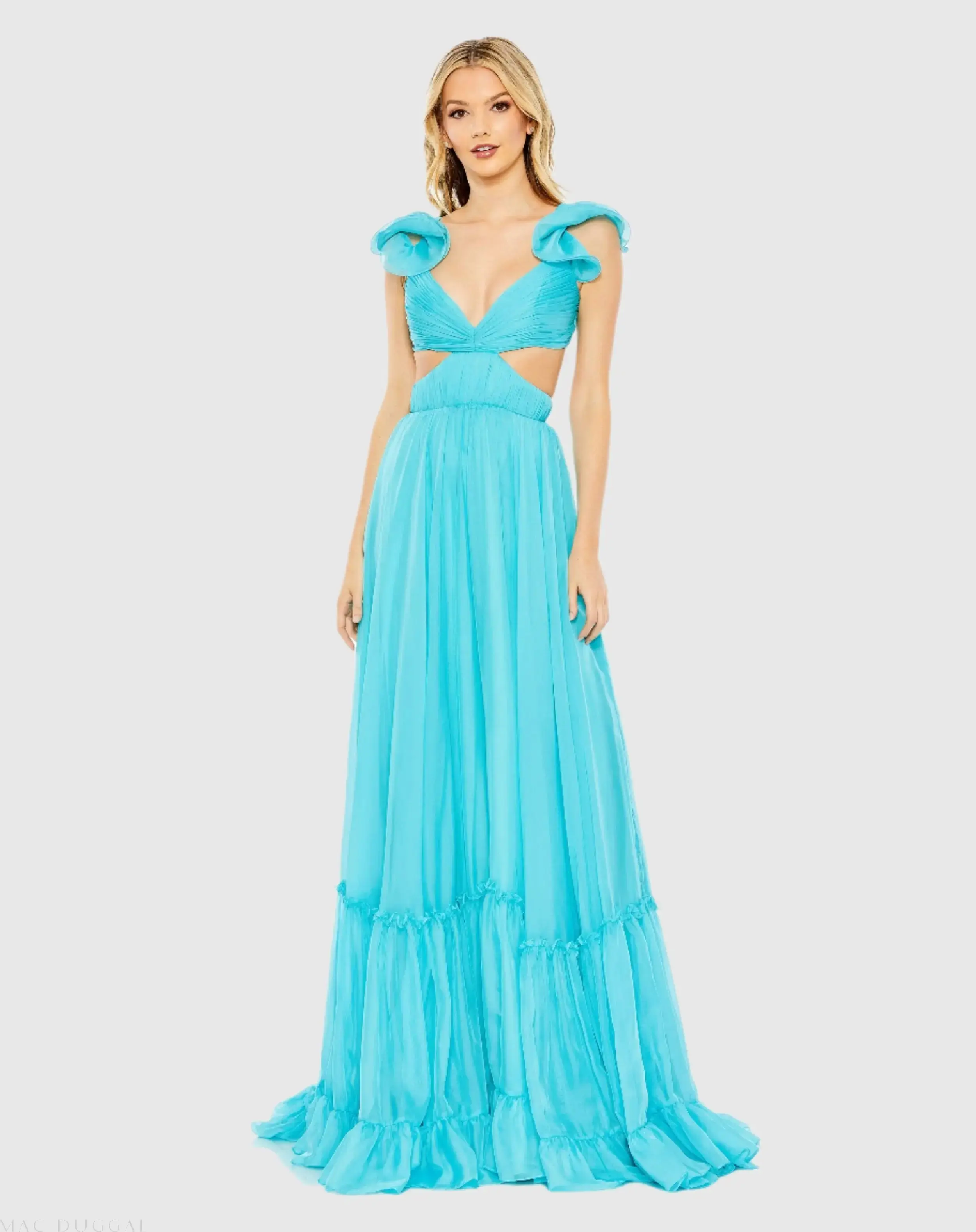 Ruched Ruffled Shoulder Cut Out Lace Up Gown - Image 2