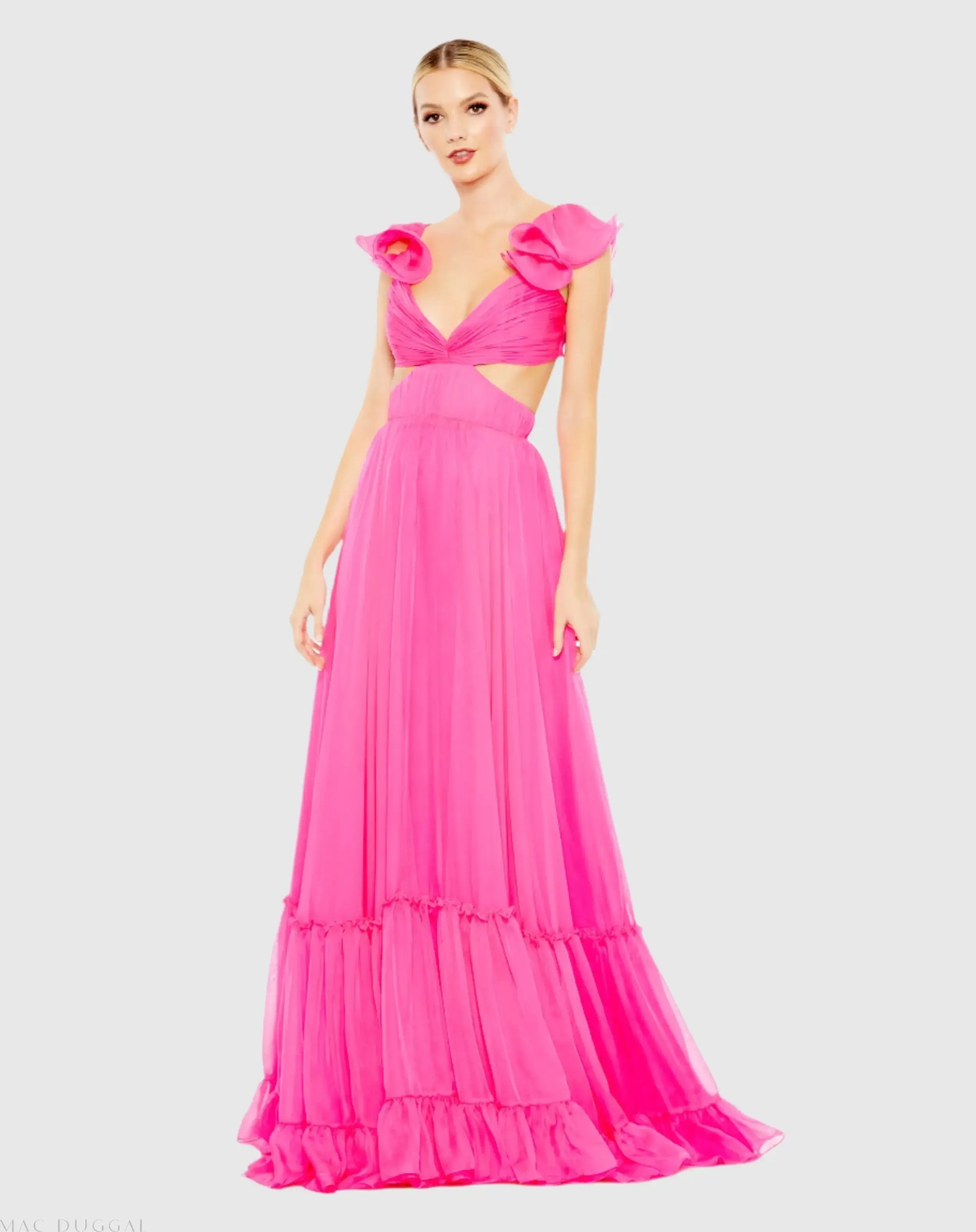 Ruched Ruffled Shoulder Cut Out Lace Up Gown - Image 3