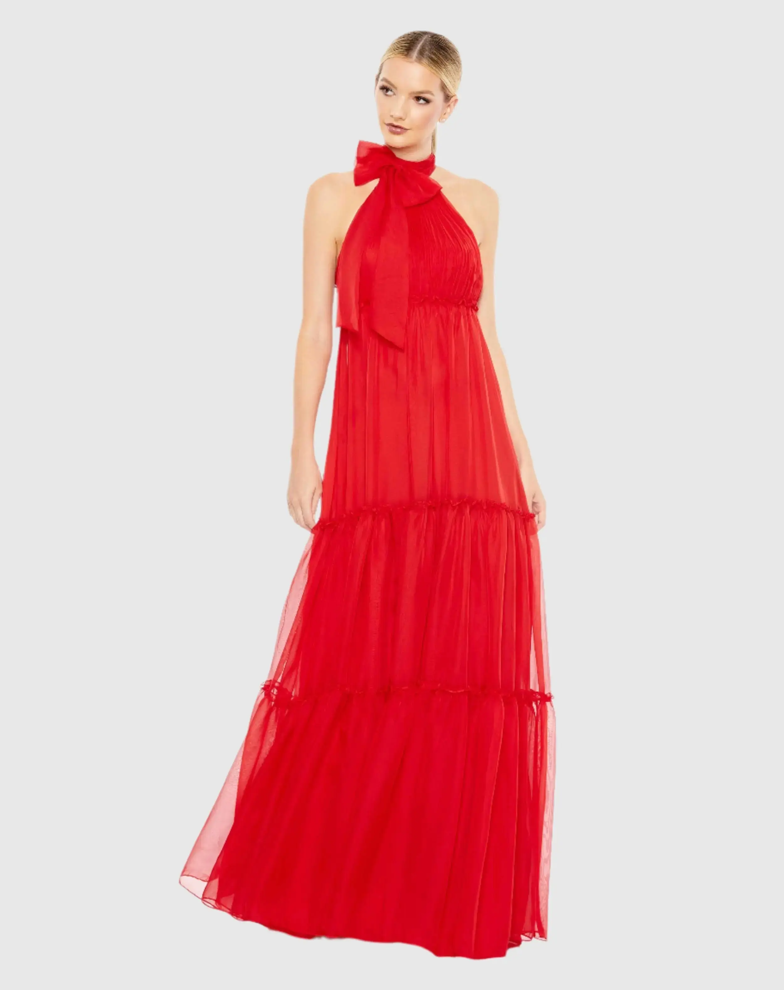 Ruched Tiered High Neck Bow A Line Gown - Image 2