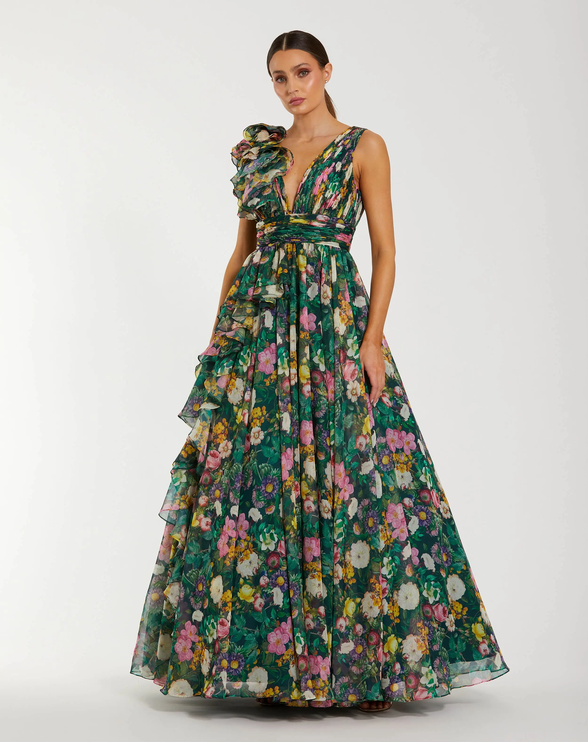 Ruffle Shoulder V-Neck Chiffon Gown