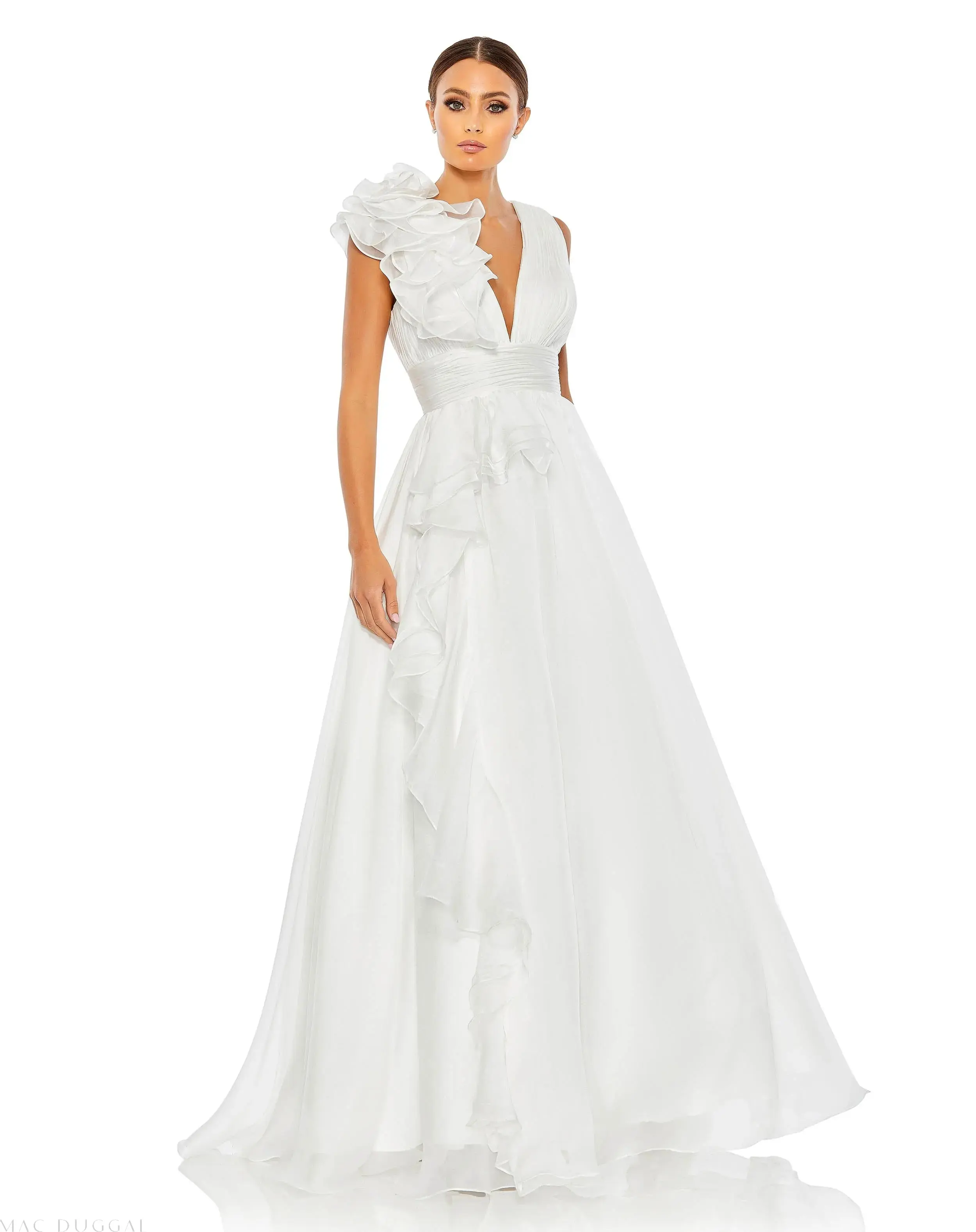 Ruffle Shoulder V-Neck Chiffon Gown - Image 11