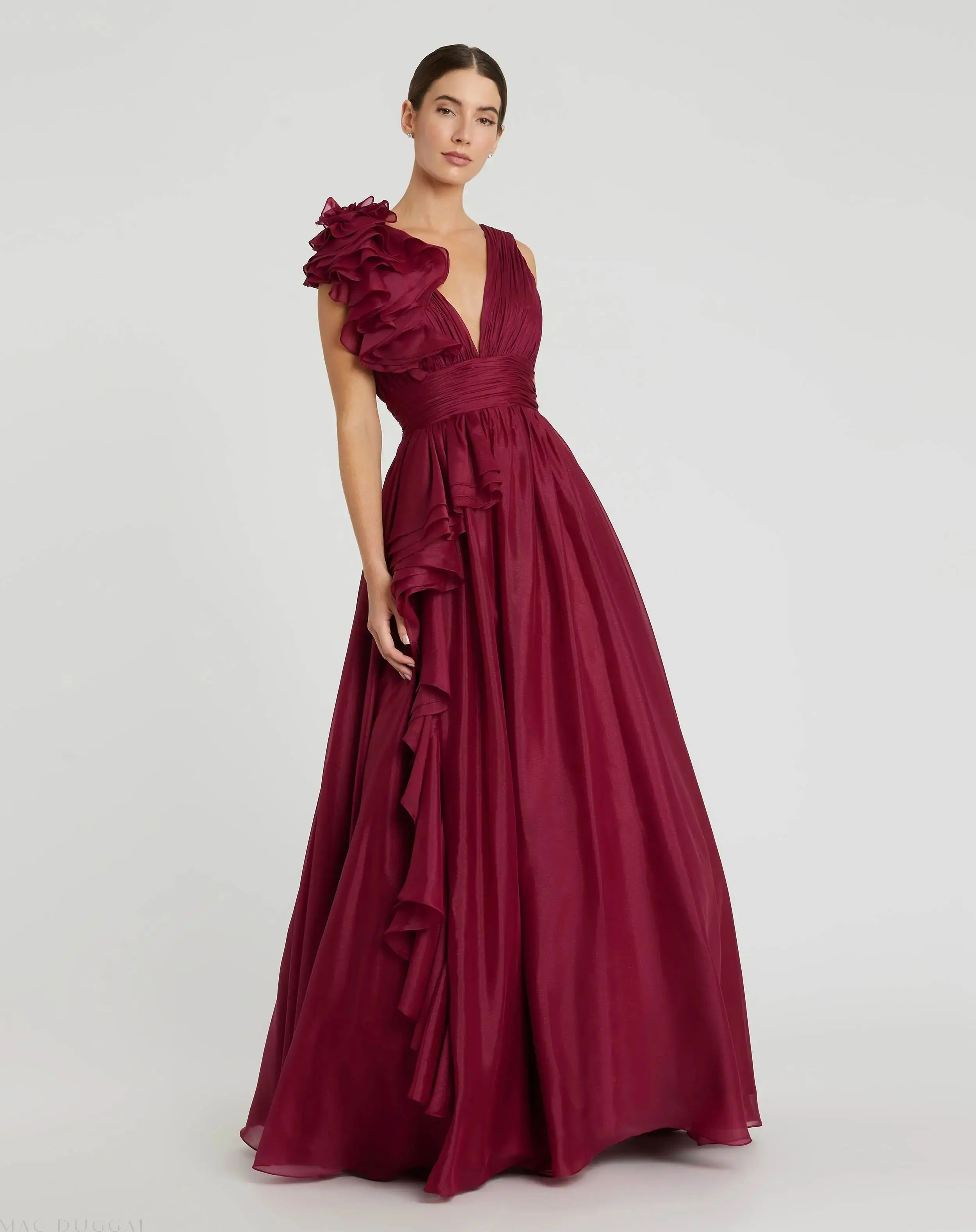 Ruffle Shoulder V-Neck Chiffon Gown - Image 12