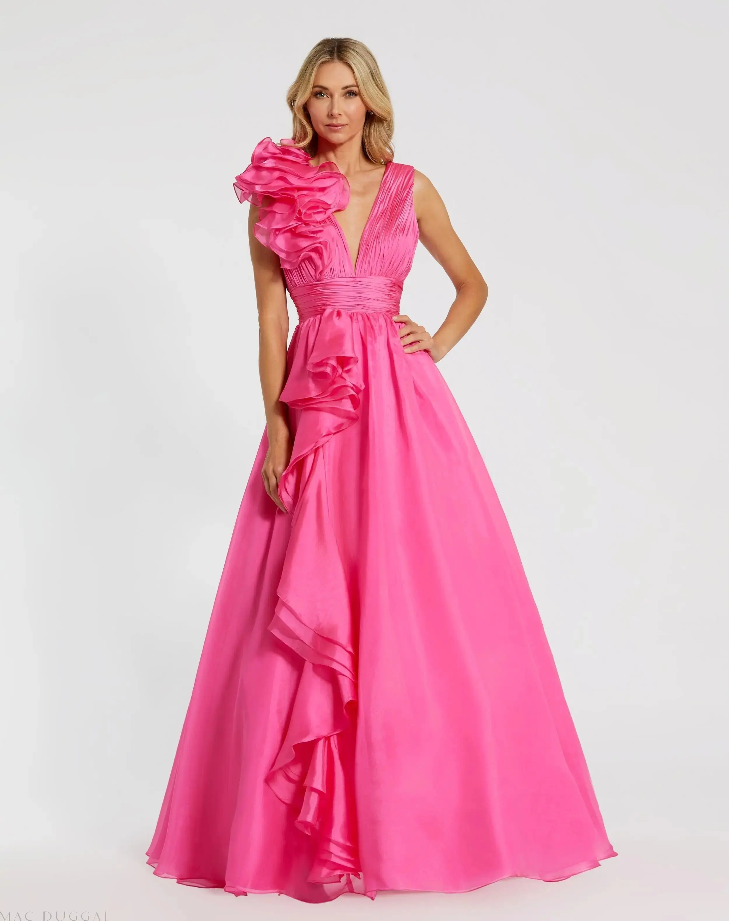 Ruffle Shoulder V-Neck Chiffon Gown - Image 13