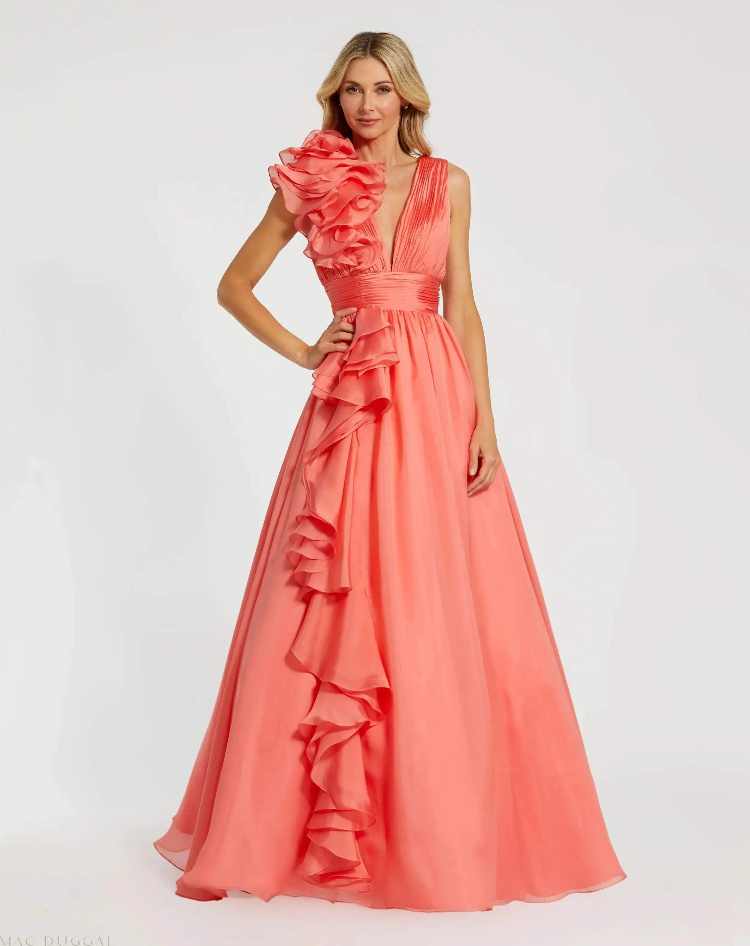 Ruffle Shoulder V-Neck Chiffon Gown - Image 5