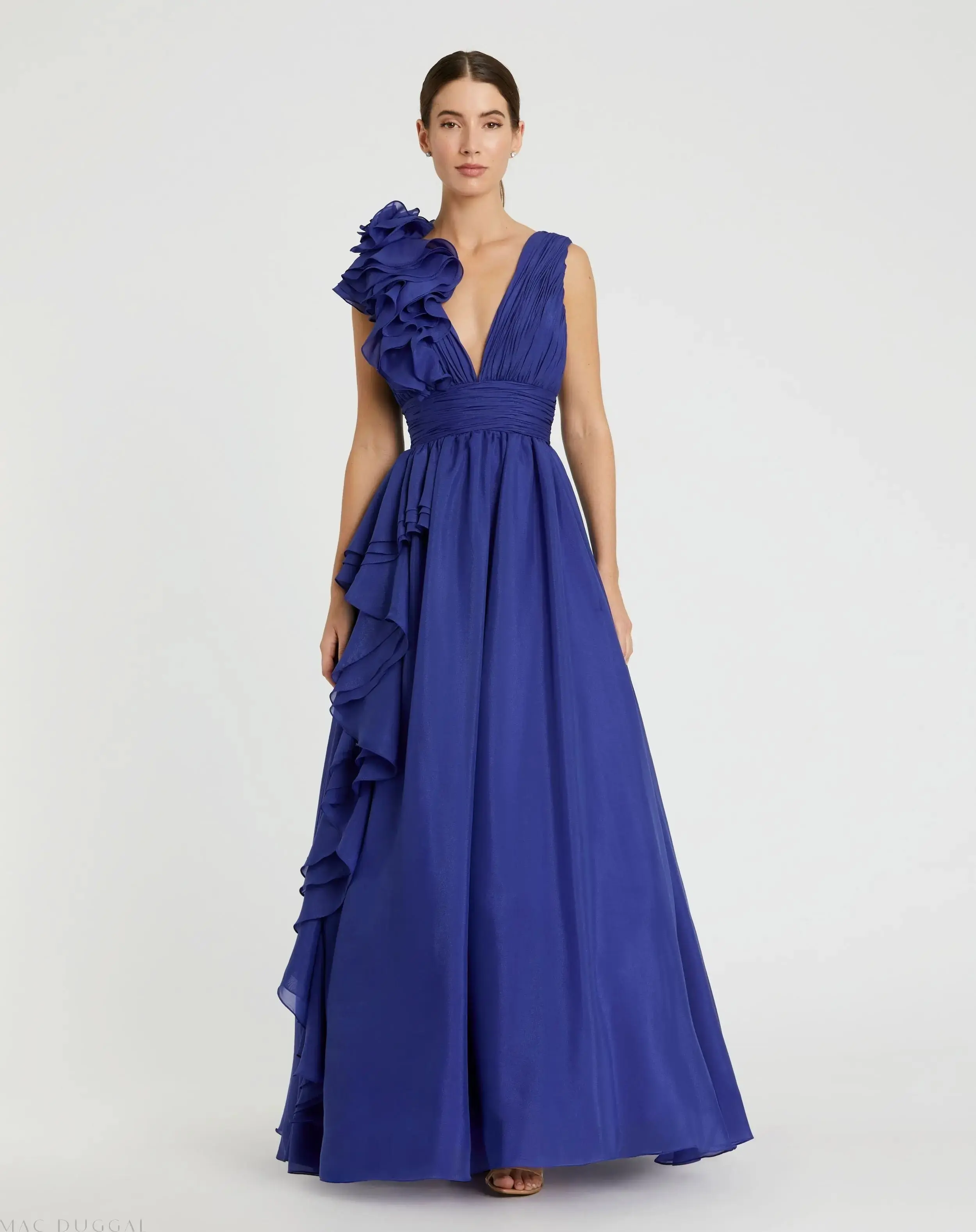 Ruffle Shoulder V-Neck Chiffon Gown - Image 6