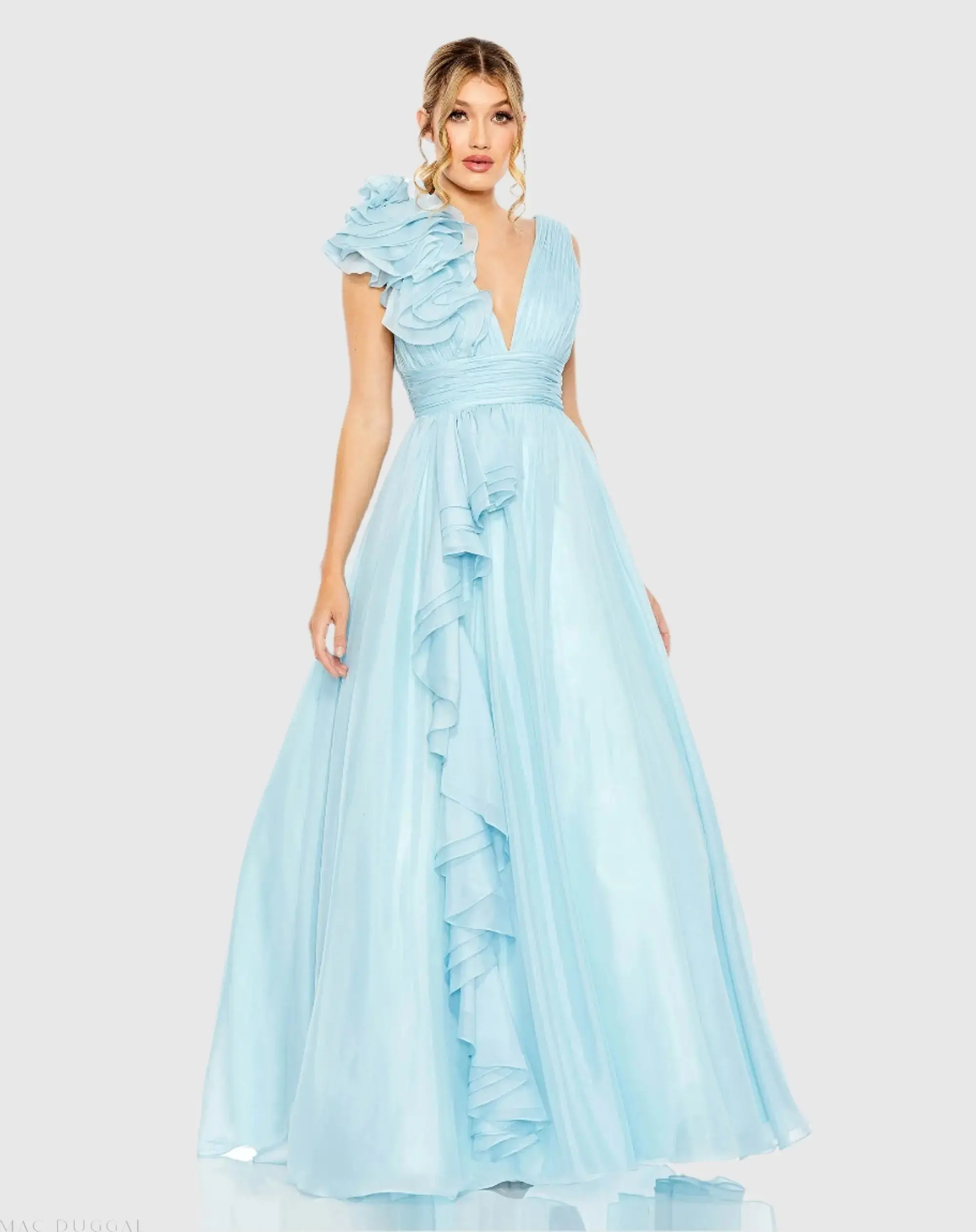 Ruffle Shoulder V-Neck Chiffon Gown - Image 8