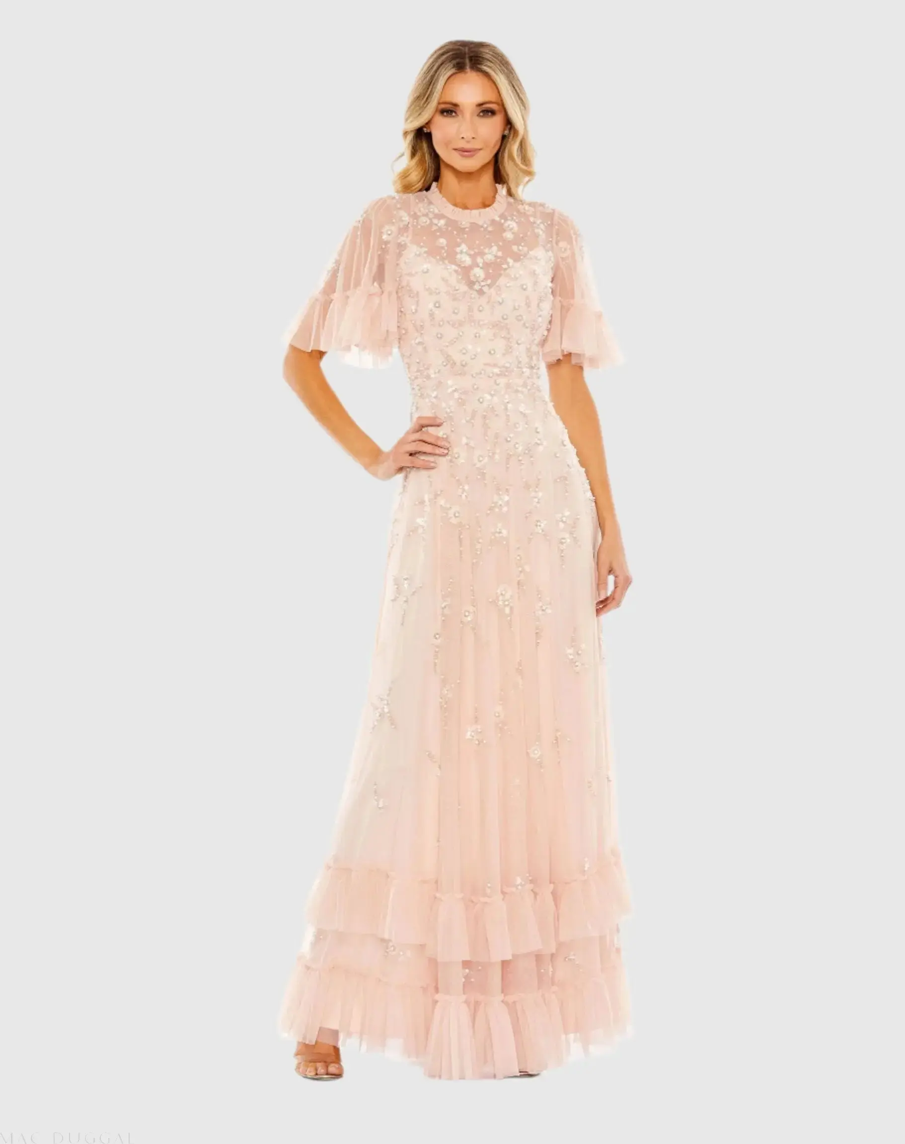 Ruffled Floral Embellished Flutter Sleeve A-Line Gown - Image 2