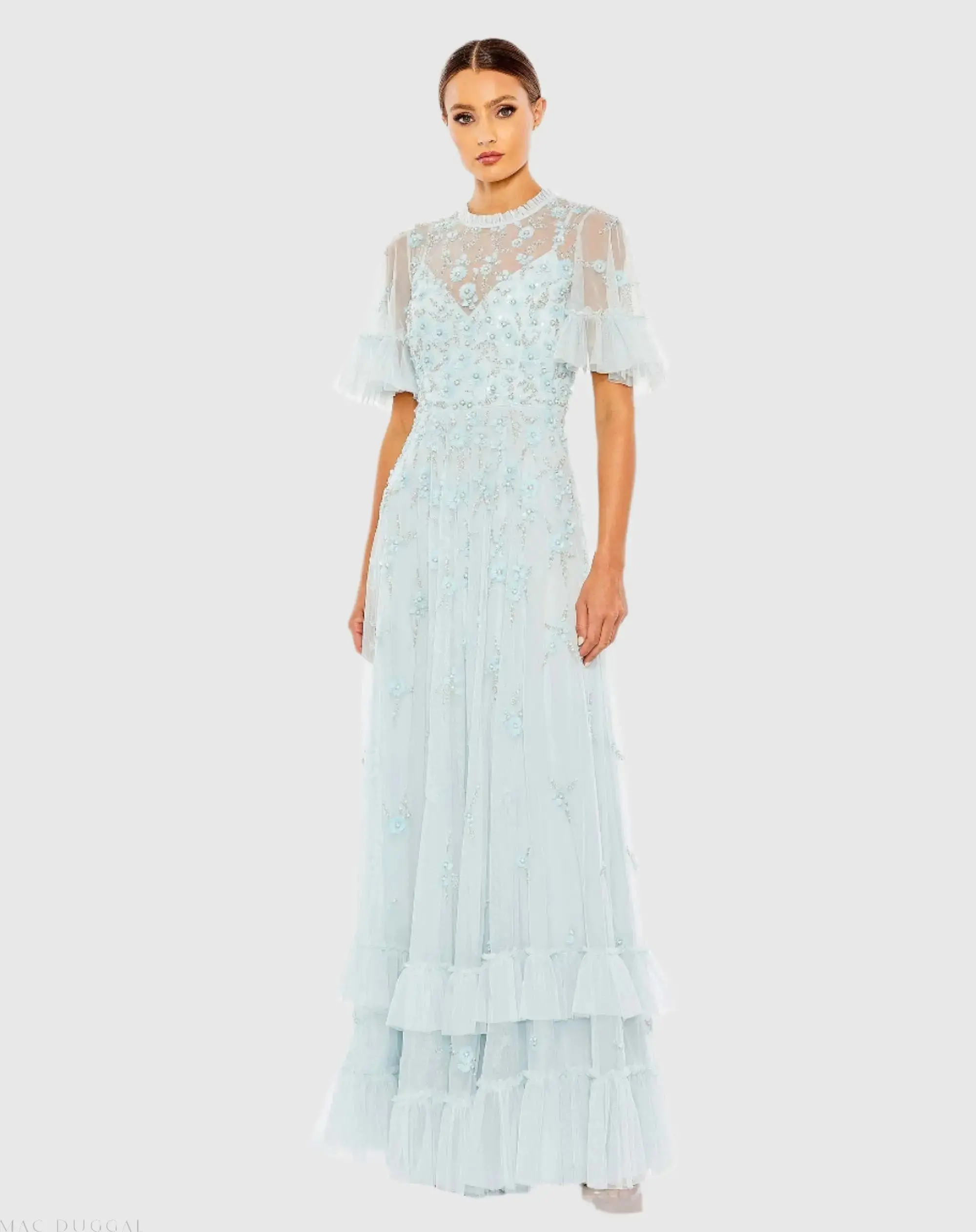 Ruffled Floral Embellished Flutter Sleeve A-Line Gown - Image 3