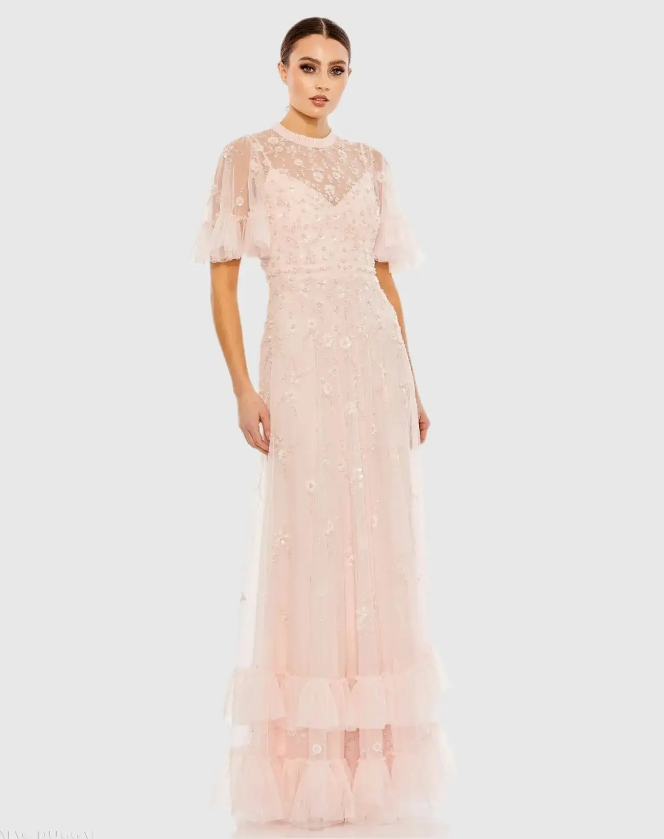 Ruffled Floral Embellished Flutter Sleeve A-Line Gown - Image 4
