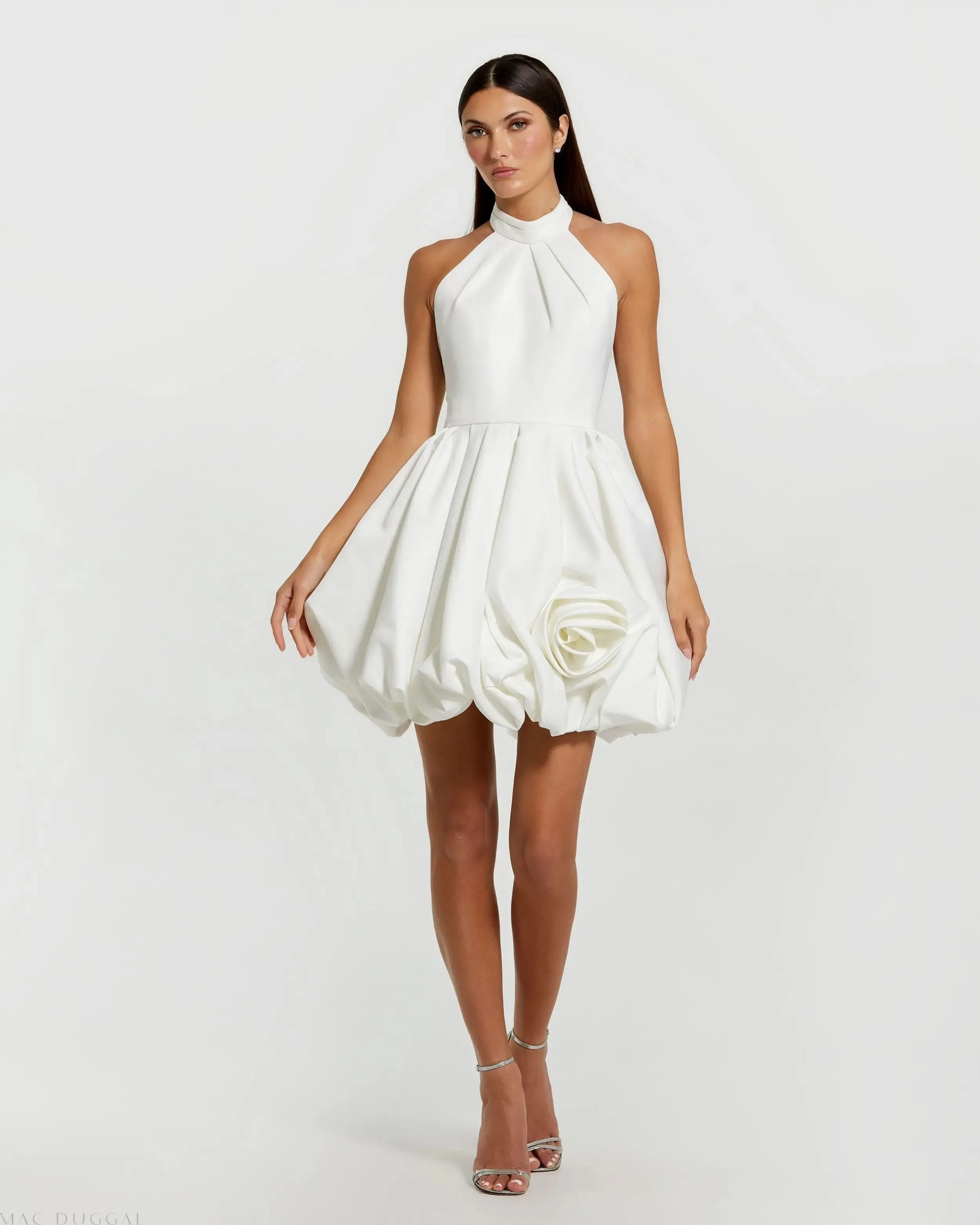 White Satin Bubble Hem Backless Mini Dress