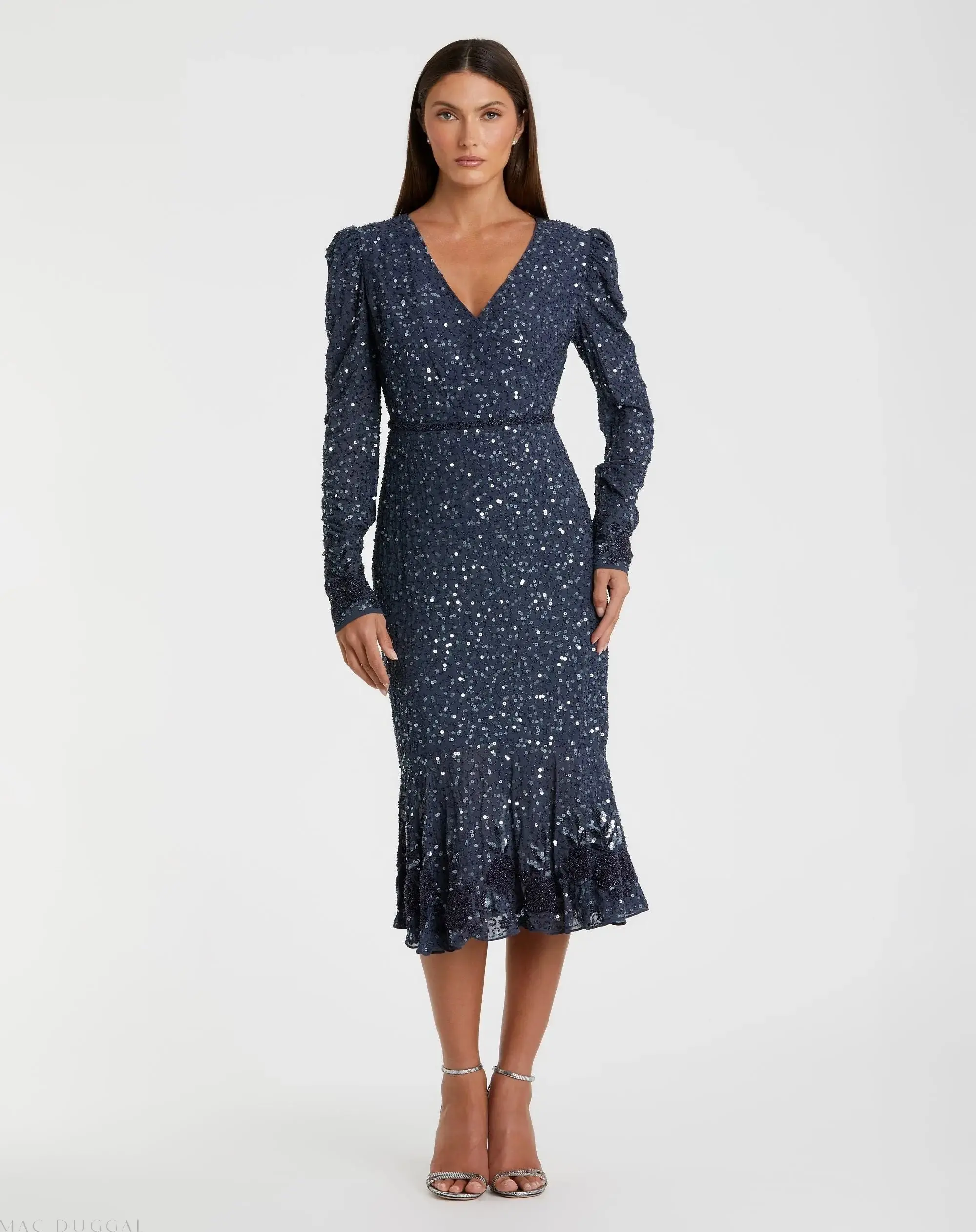 Blue Sequin Dress with Embellished Hemline and Belt - FINAL SALE