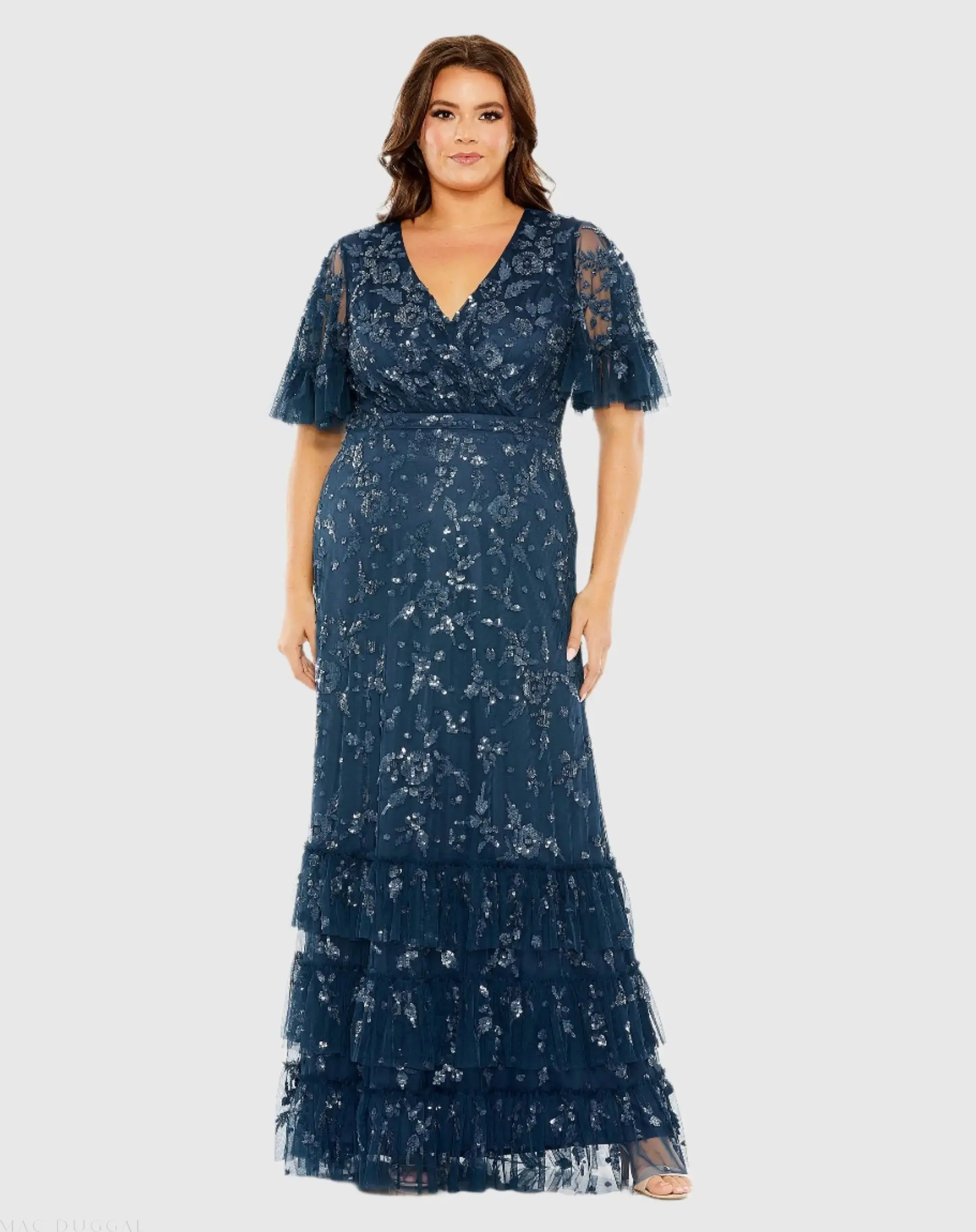 Sequin Embellished Flutter Sleeve Faux Wrap V-Neck Tiered Gown - Image 2