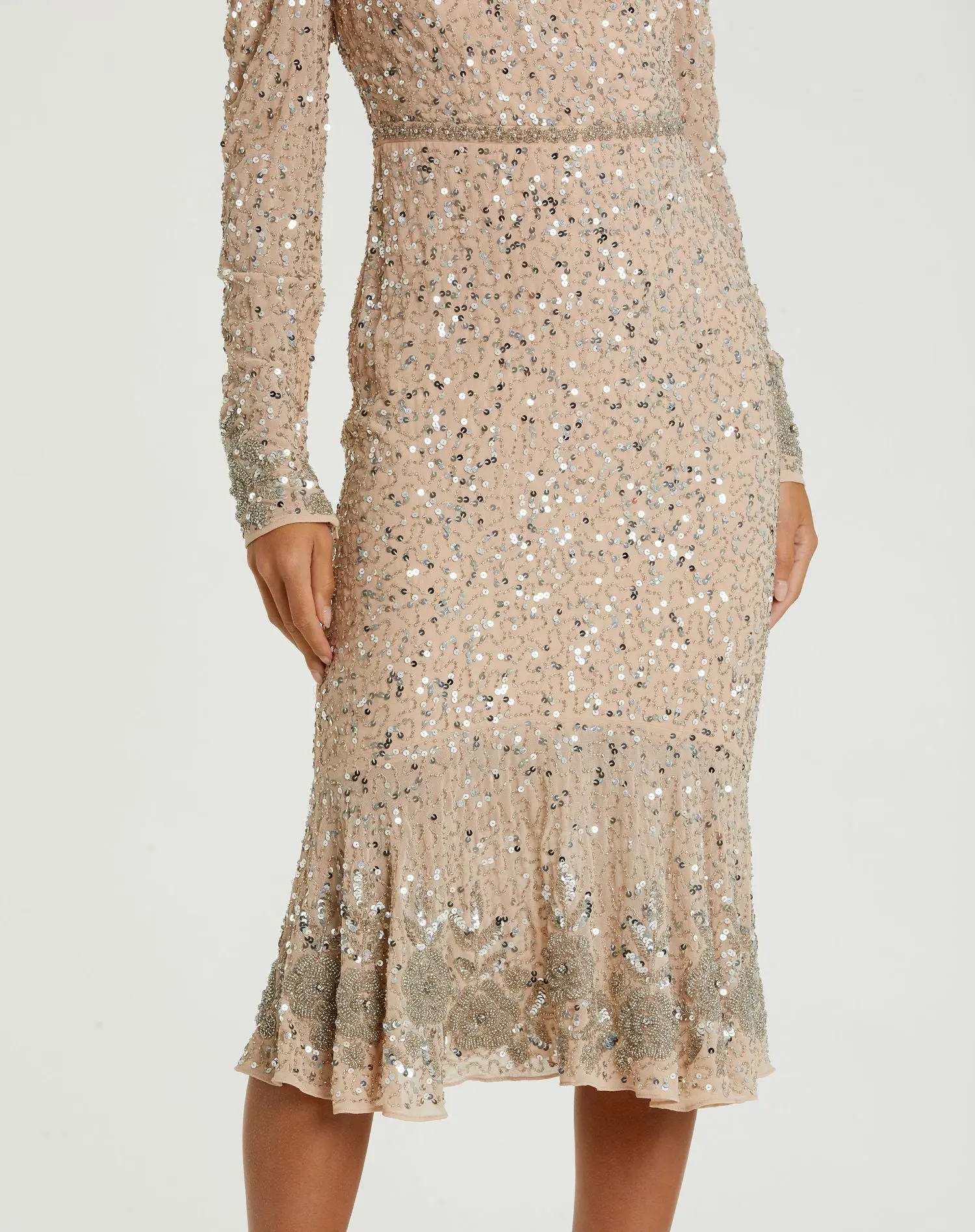Beige Sequin Dress with Beaded Hemline and Belt - FINAL SALE - Image 2