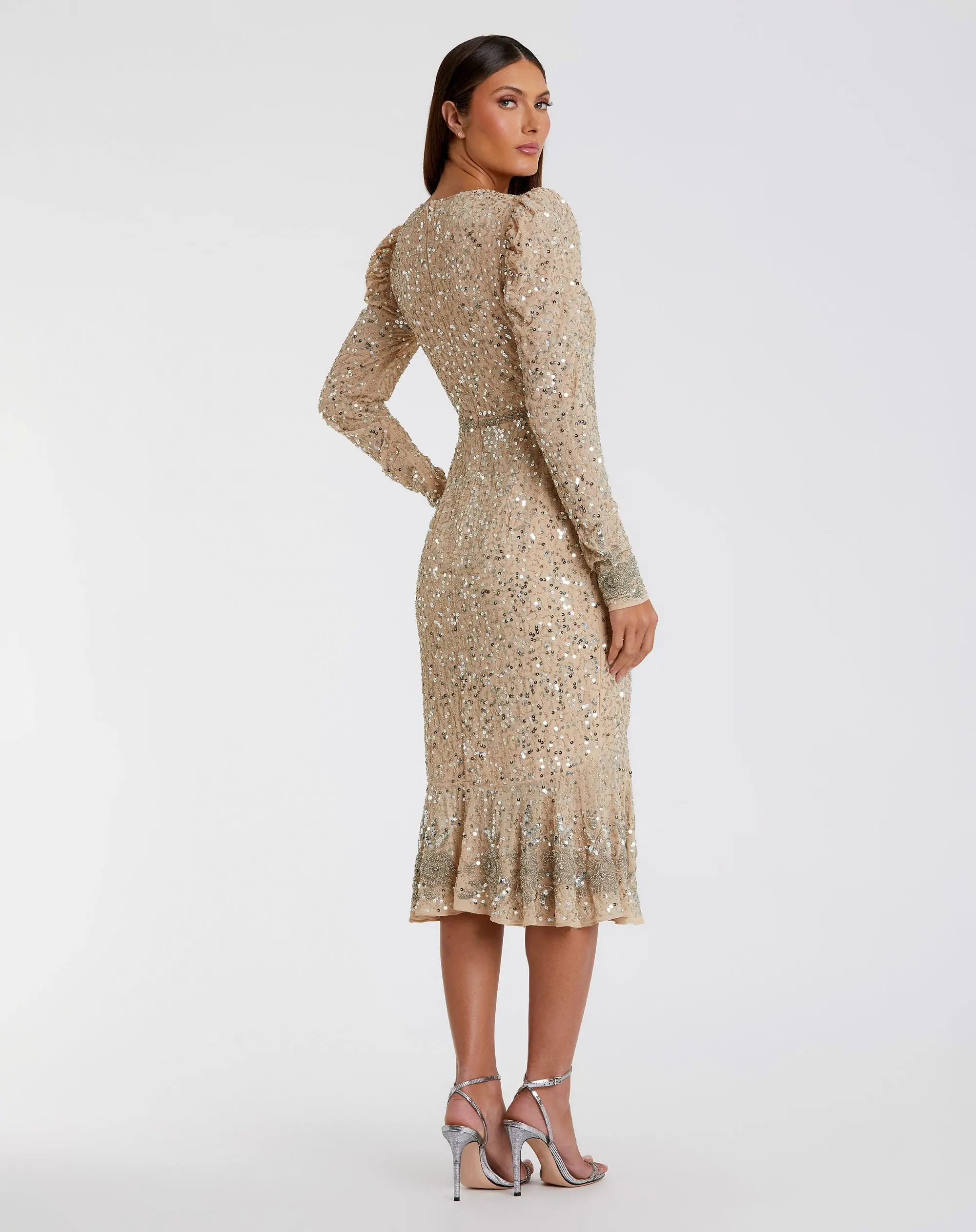 Beige Sequin Dress with Beaded Hemline and Belt - FINAL SALE - Image 3
