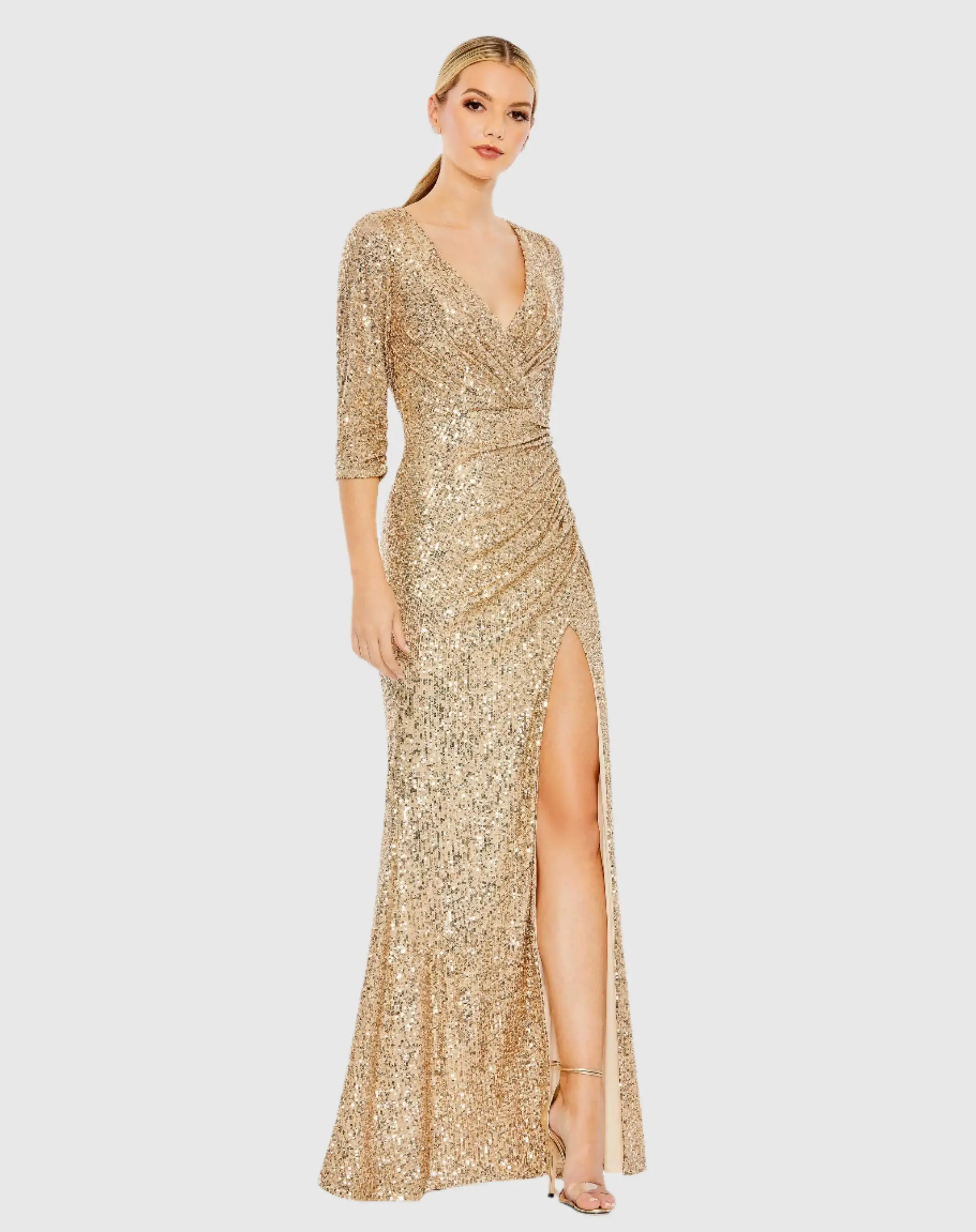 Sequined Draped 3/4 Sleeve Gown - Image 2